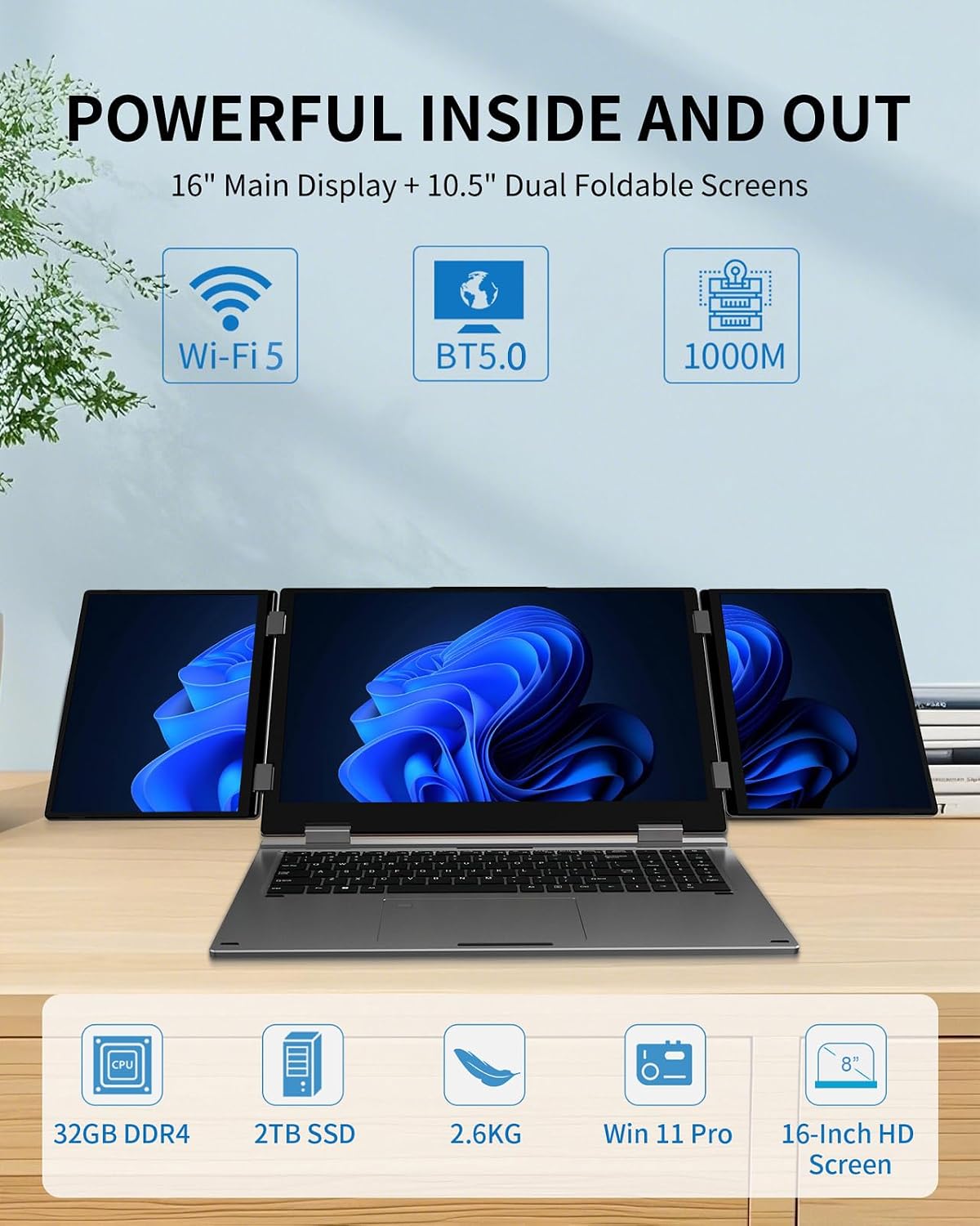 KOOFORWAY Triple Screen Laptop, 16' Main + Dual 10.5' Monitors, Core i7-12700H, 32GB RAM, 2TB SSD, Win 11 Pro, Wi-Fi 5, BT 5.0, Face & Fingerprint Unlock, USB-C, HDMI