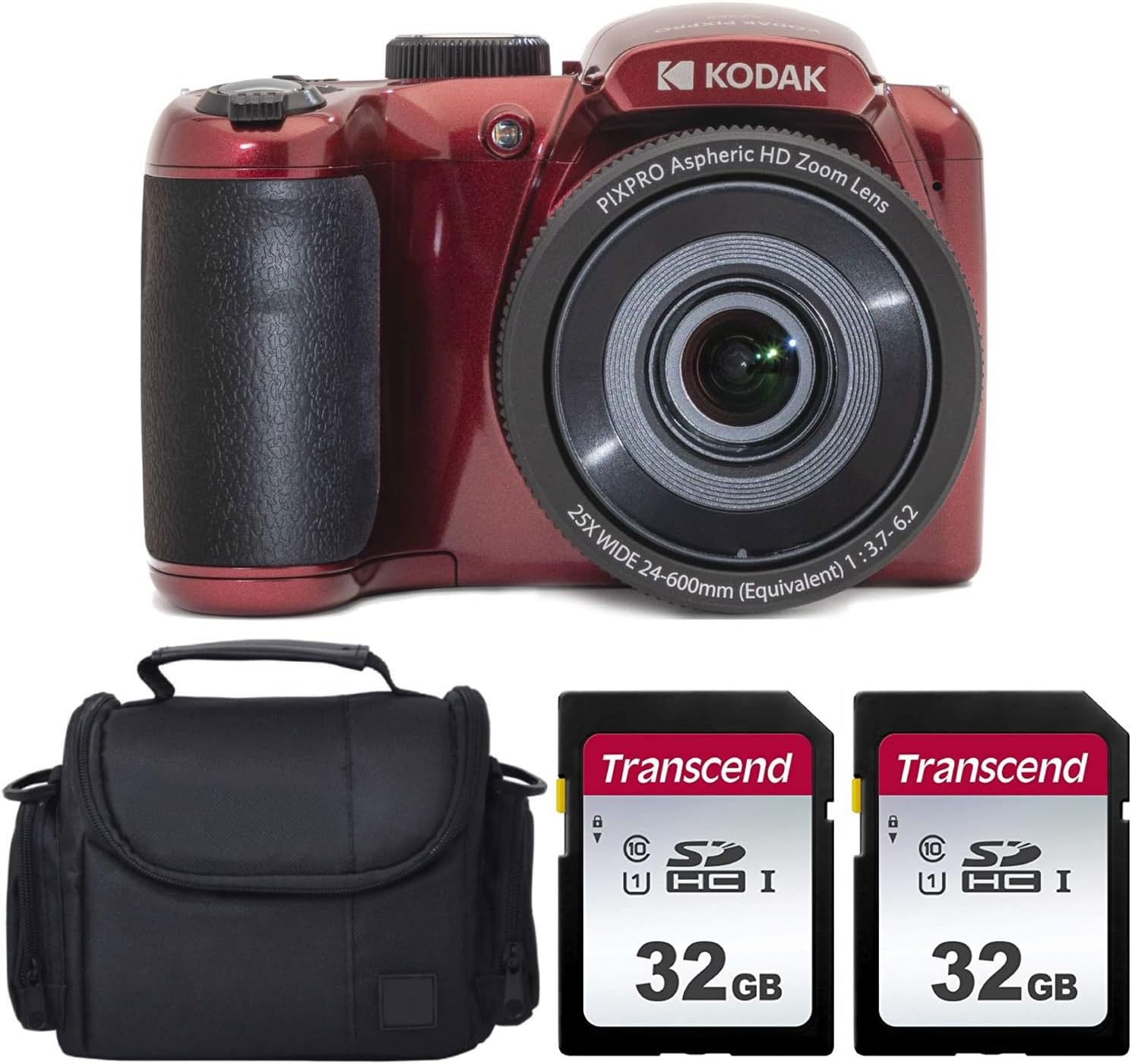 Kodak PIXPRO AZ255 25X Optical Zoom 16MP Digital Camera (Red)+ 32GB Memory Card (2) + Digital Camera/Video Case