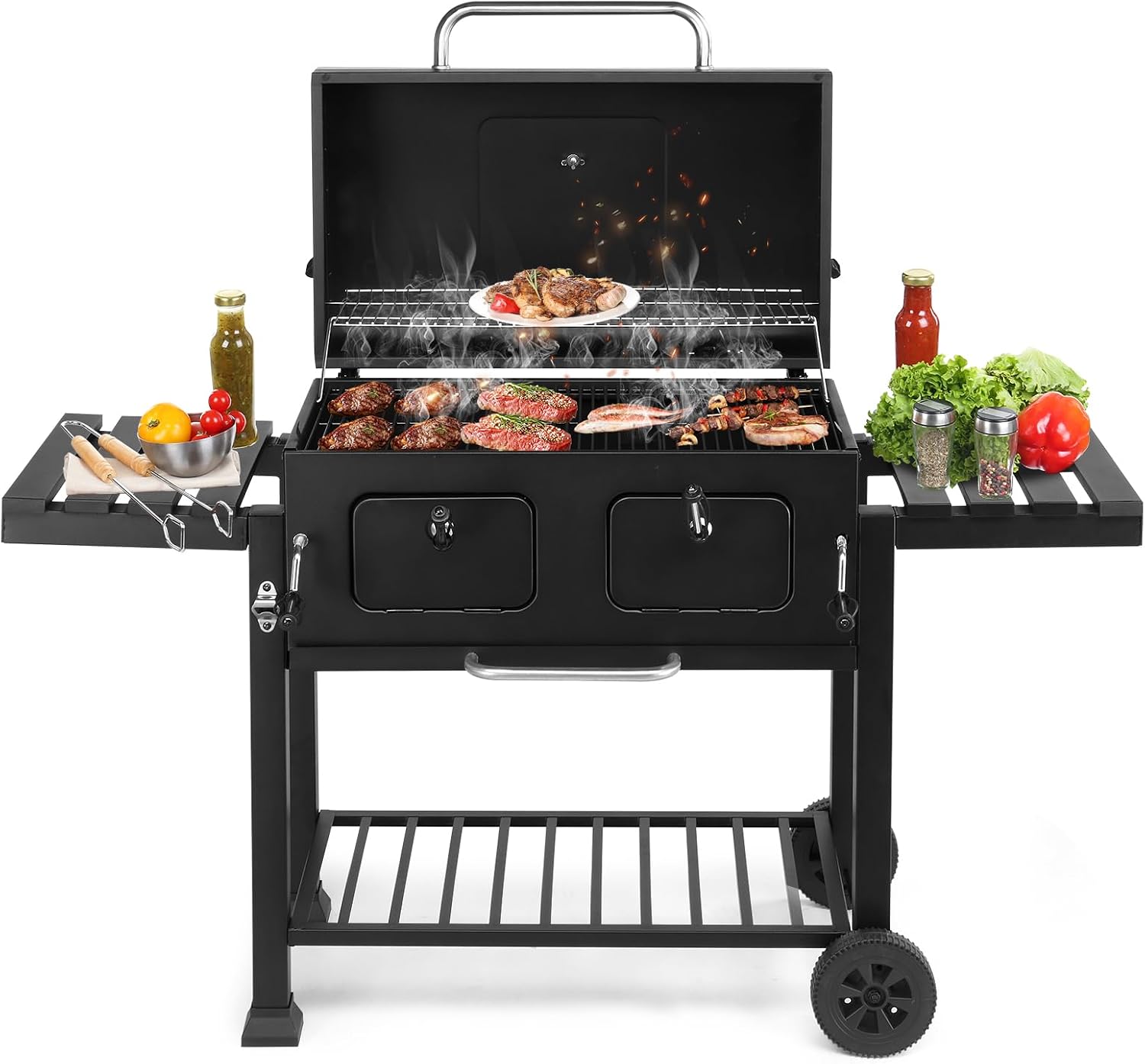 61.5' Portable Charcoal Grill,Metal Outdoor Barbecue Smoker,Heavy Duty Outdoor BBQ Grill,Portable Vertical Camping Barbecue Grill,with Foldable Side Tables,for Garden Patio Beach Backyard (Black)