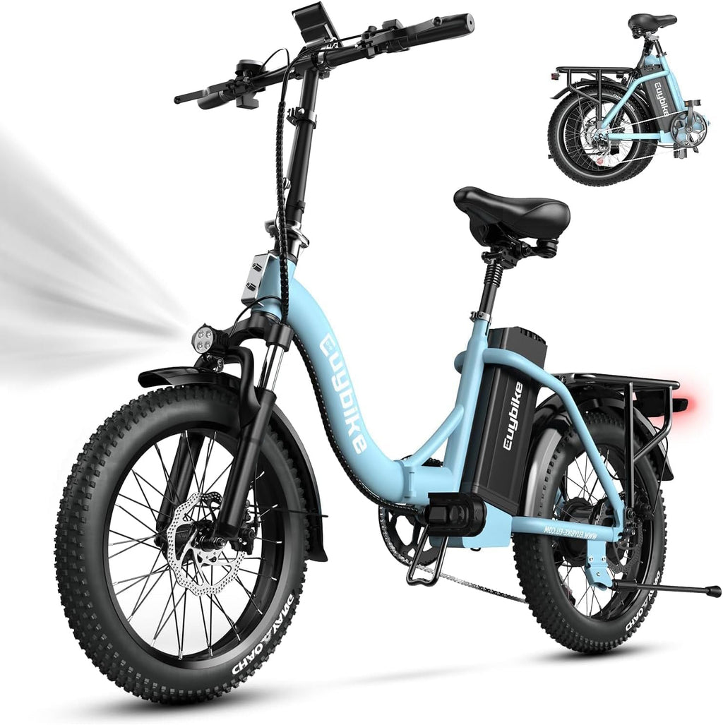 EUYBIKE Folding Electric Bike for Adults with Peak 1000W Motor, 48V 20AH Battery up to 80 Miles, 20' Fat Tire All Terrain Ebike, Front Suspension 7-Speed Commuter E Bike, Step-Thru, UL Certified