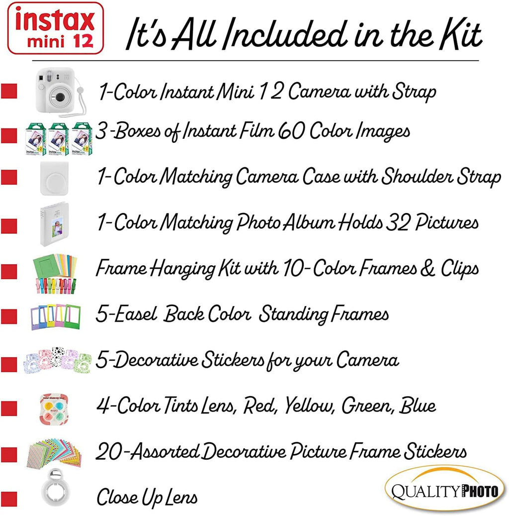 Fujifilm Instax Mini 12 Instant Camera + 60 Photo Prints + Quality Photo Value Bundle, Case, Decoration Stickers, Frames, Photo Album, (Clay White)