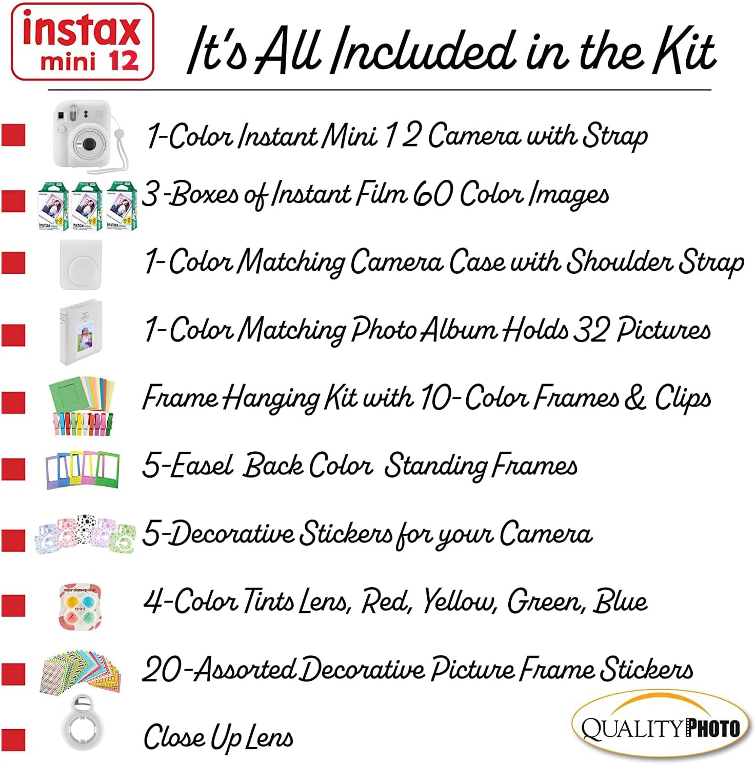 Fujifilm Instax Mini 12 Instant Camera + 60 Photo Prints + Quality Photo Value Bundle, Case, Decoration Stickers, Frames, Photo Album, (Clay White)
