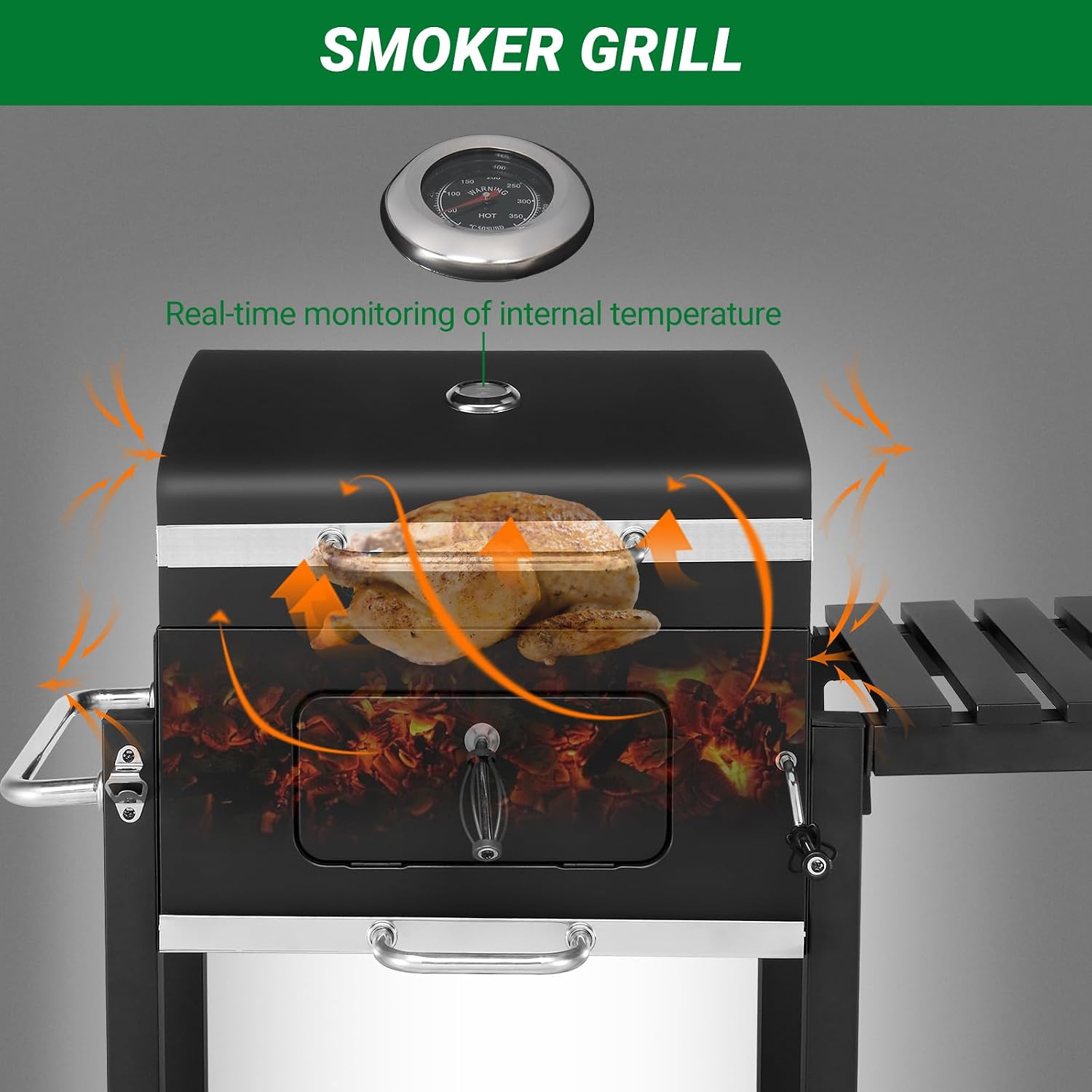 45.6' Portable Charcoal Grill,Metal Outdoor Barbecue Smoker,Heavy Duty Outdoor BBQ Grill,Vertical Camping Barbecue Grill,with Foldable Side Table & Wheels,for Garden Patio Beach Backyard (Black)