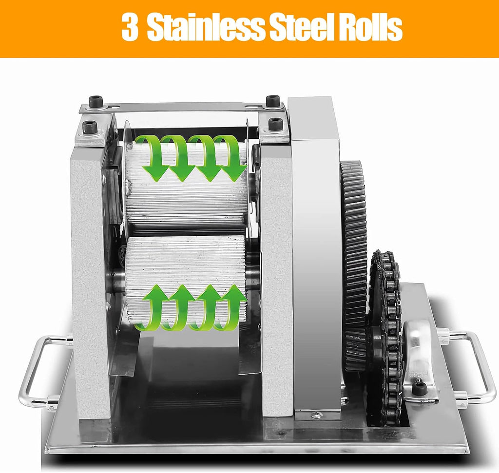 TECHTONGDA 110V Electric Sugar Cane Press Juicer Machine, 3 Rolls Stainless Steel Sugarcane Grinder Cold Press, with Cleaning Port and Casters, 660 lbs/h
