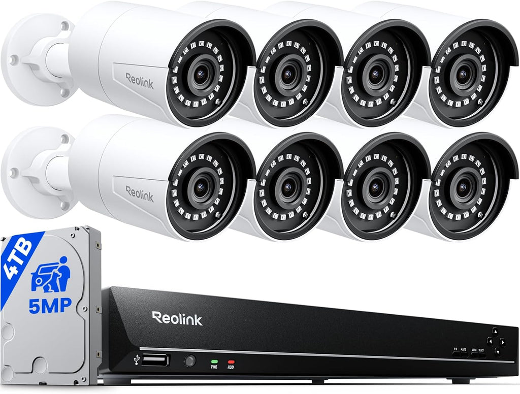 REOLINK 16CH 5MP Home Security Camera System, 8pcs Wired Outdoor PoE IP Cameras with Smart Detection, 8MP 16CH NVR with 4TB HDD for 24-7 Recording, High Bitrate & Clear Stream, RLK16-410B8-5MP