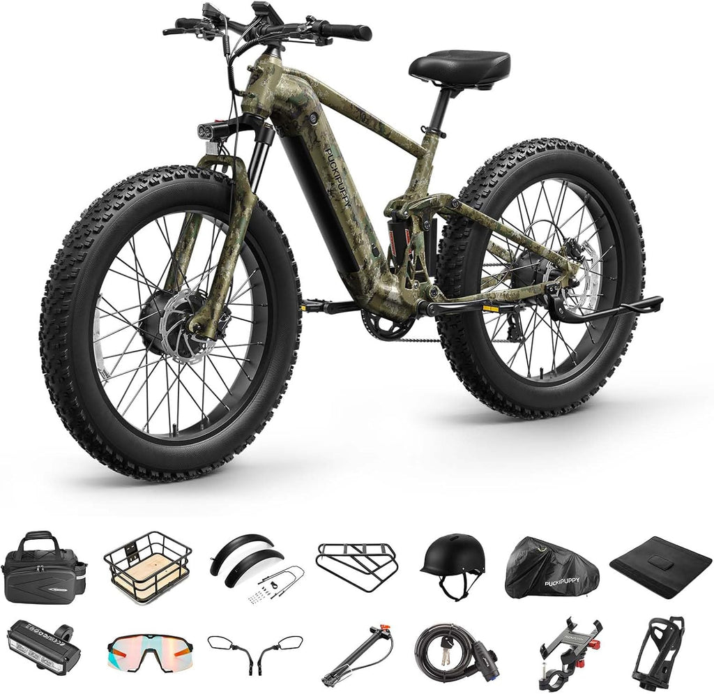 PUCKIPUPPY Dual Motor Electric Bike for Adults 1600W, 48V 20AH Battery with Torque Sensor, Full Suspension, 26' Fat Tire, 28MPH, 80 Mile Range, 8 Speed Mountain Electric Bicycle Golden Retriever Pro