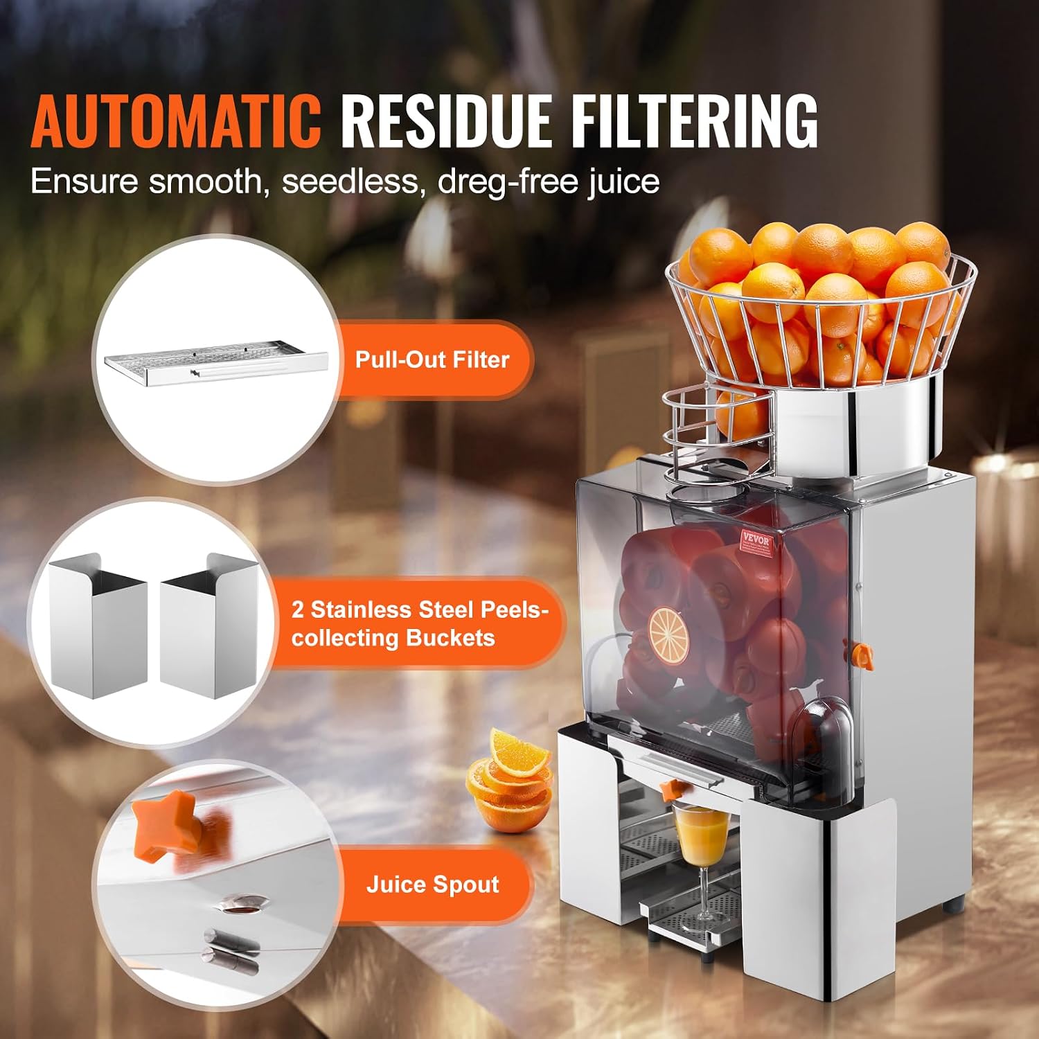 VEVOR Commercial Orange Juicer Machine, 120W Automatic Feeding Juice Extractor, Stainless Steel Juice Extractor for 25 Oranges Per Minute, with Pull-Out Filter Box, PC Cover, 2 Peel Collecting Buckets