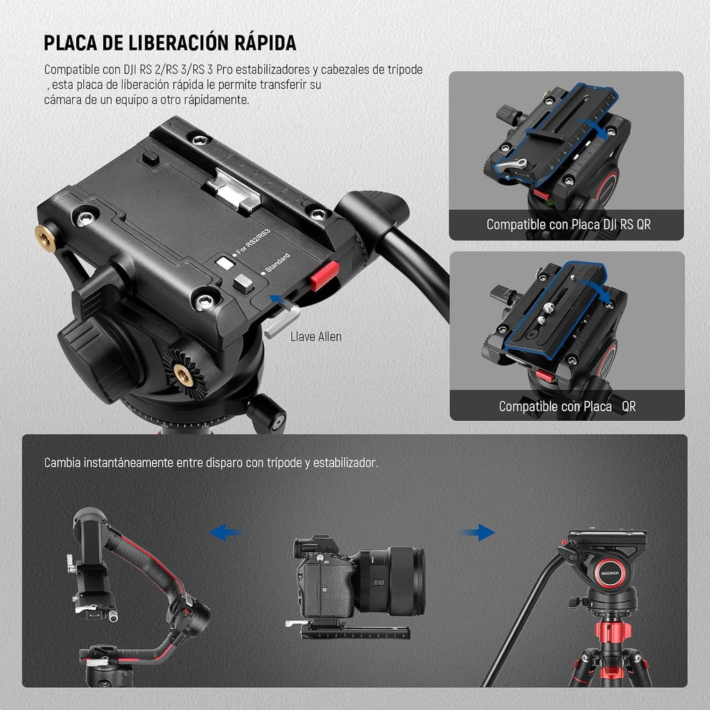 NEEWER 72' Fluid Head Video Tripod Monopod, Aluminum Alloy QR Plate Compatible with DJI RS Gimbal, 360° Pan & +90°/-70° Tilt for DSLR Camera Camcorder, Max Load 13.2lb/6kg, TP72A