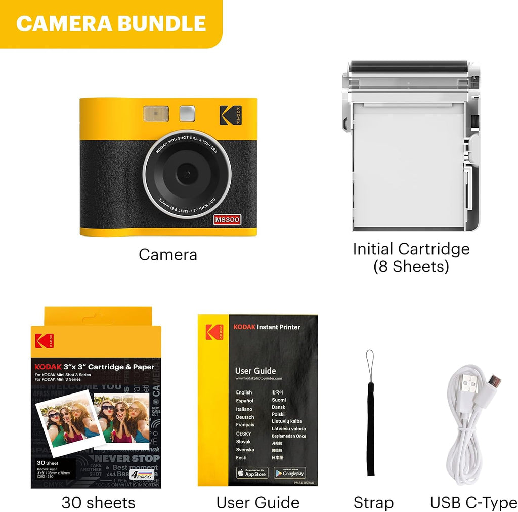 KODAK Mini Shot 3 ERA 4PASS 2-in-1 Instant Camera and Photo Printer (Yellow, Camera + Initial 8 Sheets + 60 Sheets)