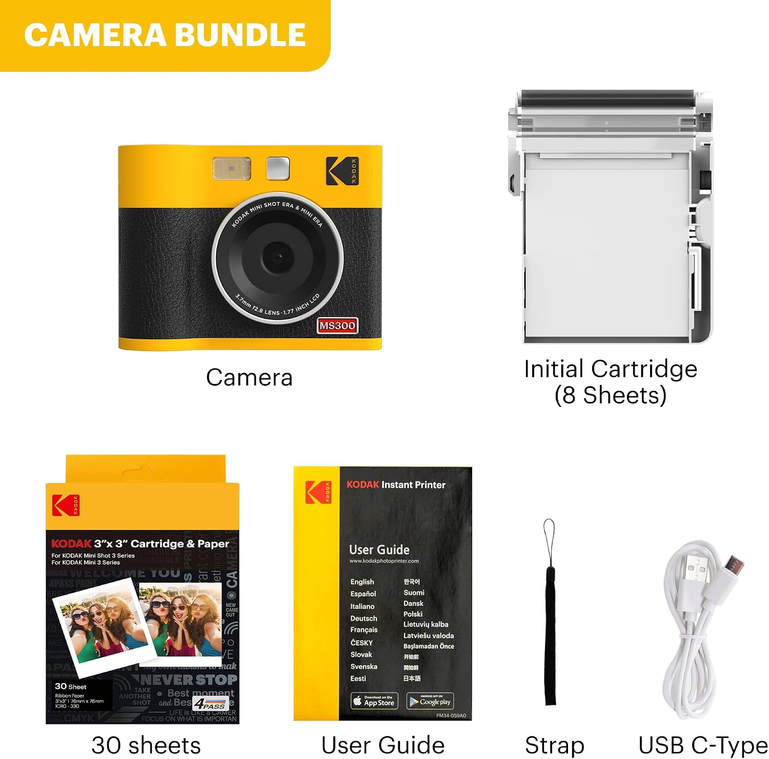 KODAK Mini Shot 3 ERA 4PASS 2-in-1 Instant Camera and Photo Printer (Yellow, Camera + Initial 8 Sheets + 60 Sheets)