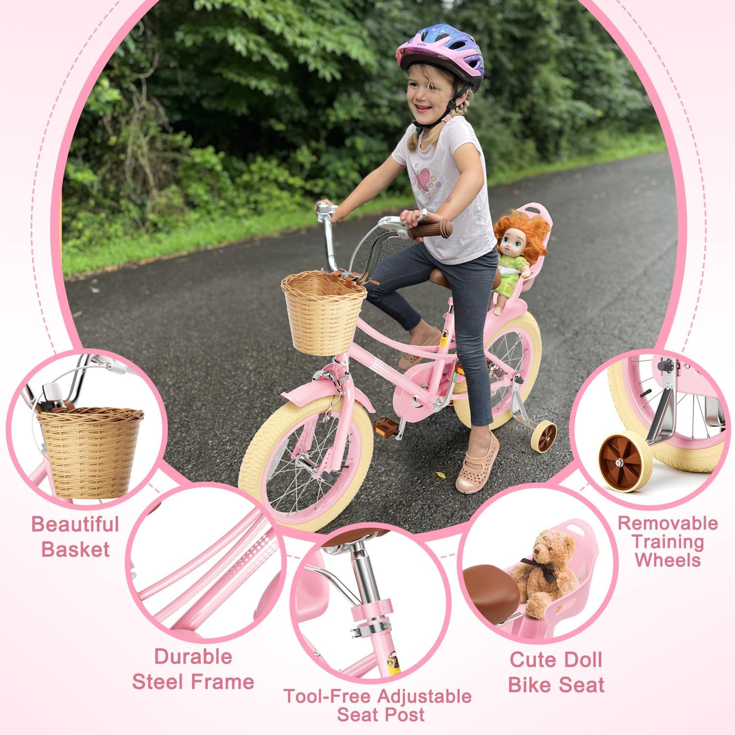 Glaf Toddler Girls Bike 12 14 16 20 Inch Girls Bike with Training Wheels Age 2-12 Years Old Bicycle Kids Bike with Basket and Doll Seat Adjustable Seat