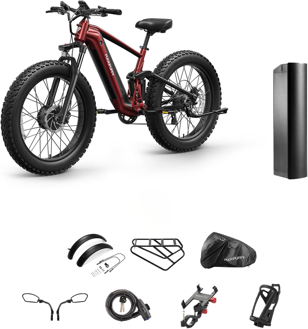 PUCKIPUPPY Dual Motor Electric Bike for Adults 1600W, 48V 20AH Battery with Torque Sensor, Full Suspension, 26' Fat Tire, 28MPH, 80 Mile Range, 8 Speed Mountain Electric Bicycle Golden Retriever Pro