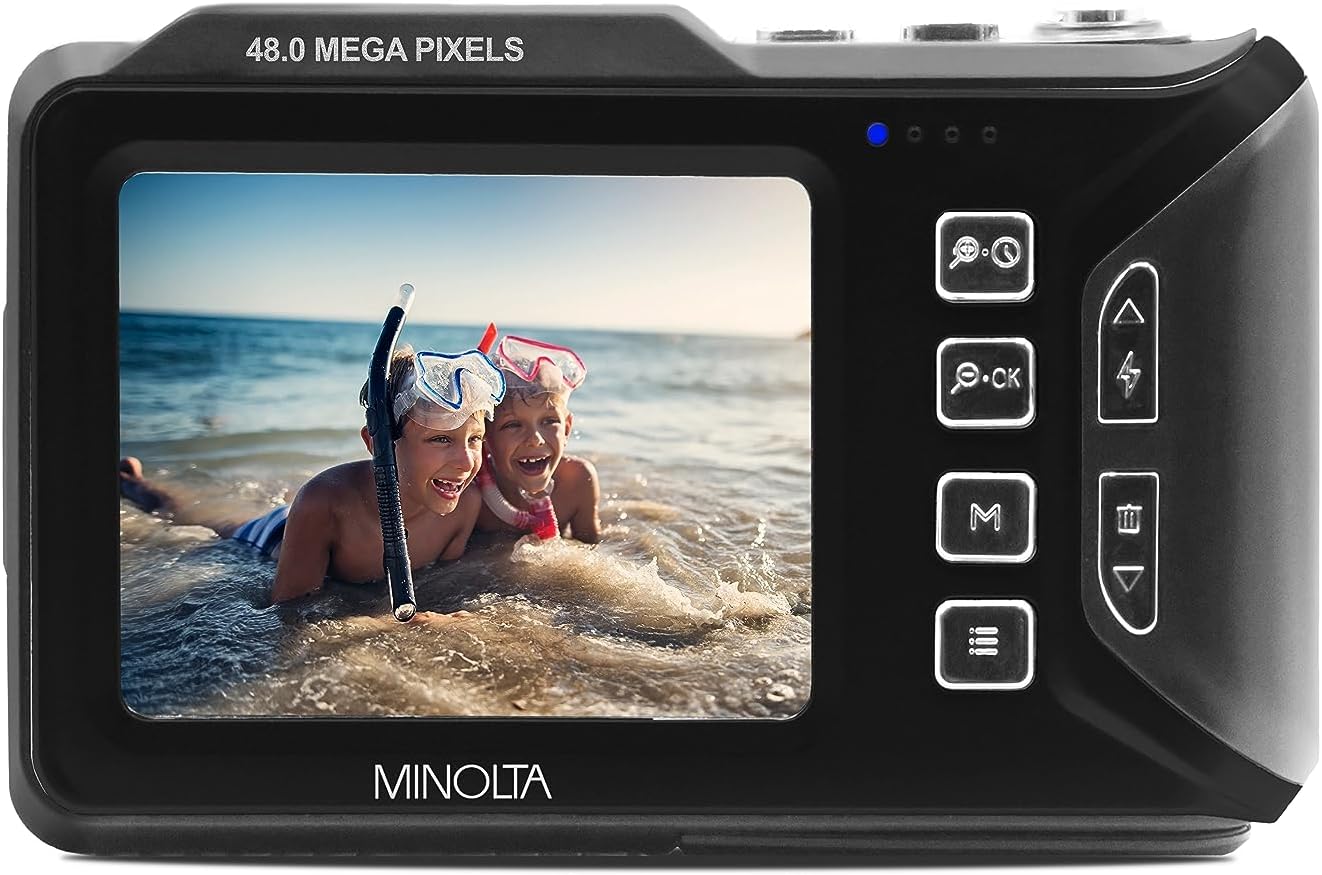 Minolta Waterproof Digital Camera - 48MP Photos, 4K UHD Video, Dual LCD Screens, 16ft Waterproof, 16X Zoom, Anti-Shake, Slow Motion, Compact Point-and-Shoot for Travel & Underwater (Black)