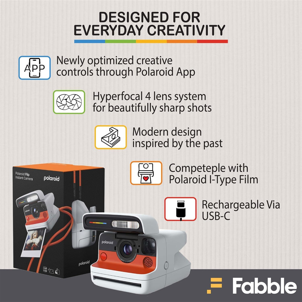 Polaroid Flip Instant Camera White Bundle with Color i-Type Film (8 Photos), Hard Protective Case, 6ft USB Type-C Cable, and Grey Microfiber Cleaning Cloth