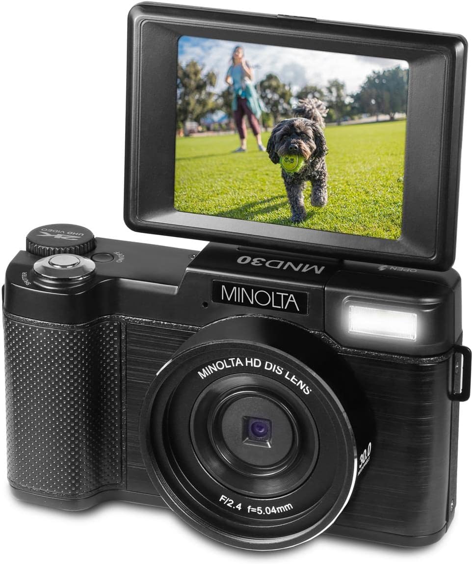 Minolta 30MP Digital Camera – 2.7K Ultra HD Video, 3-inch 180° LCD Screen, Face Detection, Anti-Shake, 9 Scene Modes, Photo Burst, Panorama, CMOS Sensor, 32GB Card (Black)