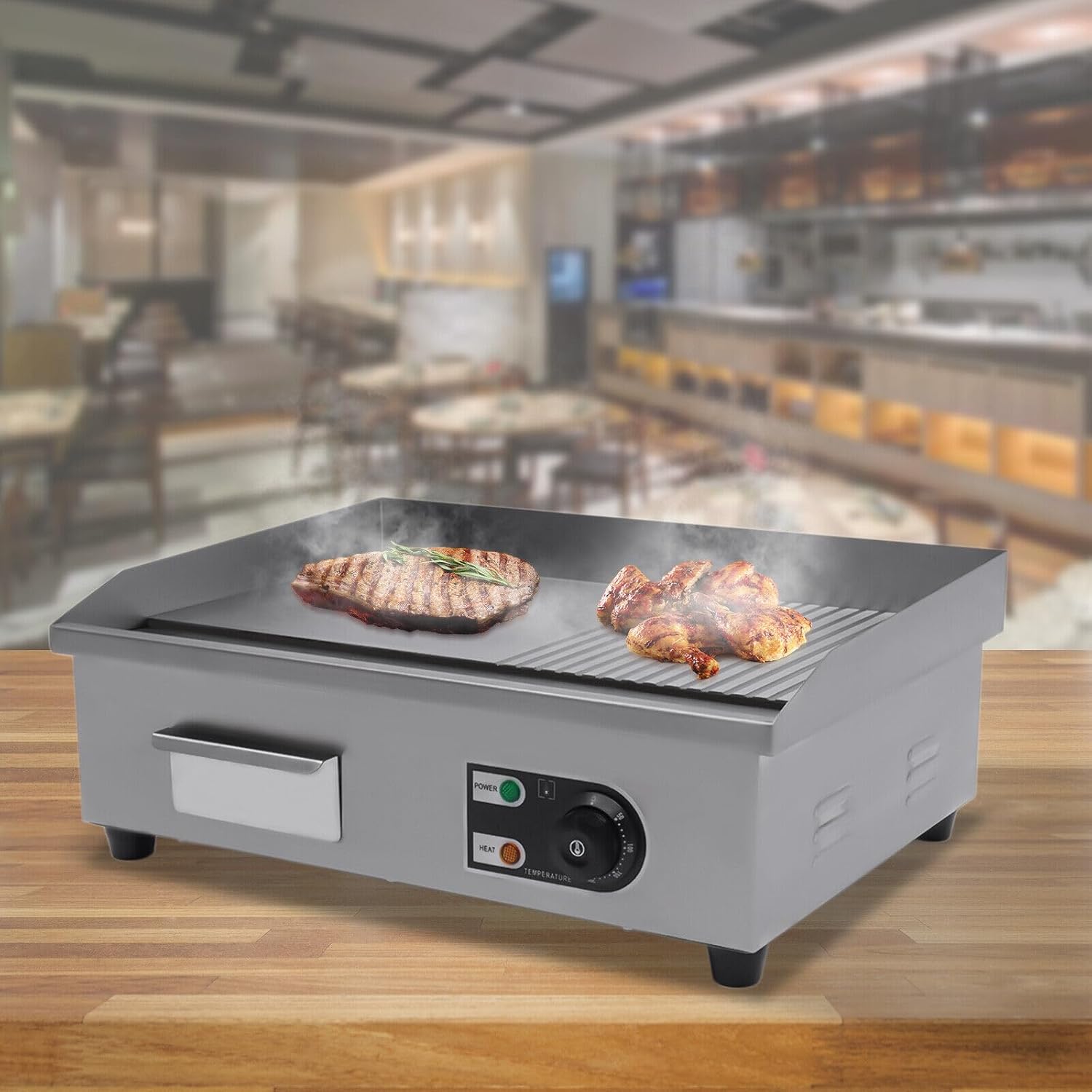 22'Commercial Electric Griddle Electric Countertop Griddle 1600W Restaurant Grill BBQ Flat Top 410 Stainless Steel Long Griddle Electric Nonstick Adjustable Thermostatic Control for Kitchen 110V