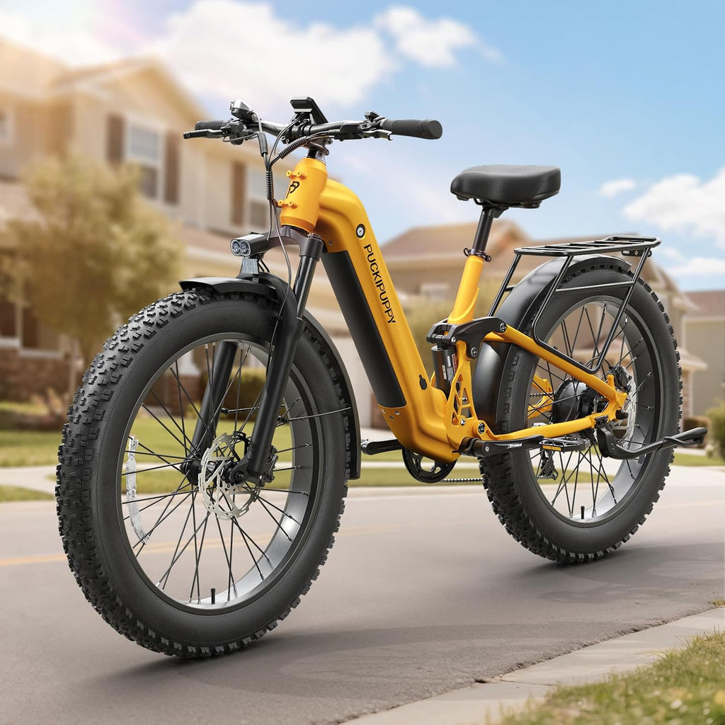 PUCKIPUPPY Electric Bike for Adults 960W, 48V 20AH Battery Adult Electric Bicycles, 26' Fat Tire Full Suspension Step-Thru Ebike, 28MPH Mountain Ebike, 7 Speed, 80Miles Range