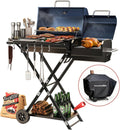 Portable Charcoal Grill with Smoking Function, Foldable Suitcase Design with Wheels, Multi-Tier Storage Rack & Waterproof Cover for Outdoor BBQ Parties (Blue)