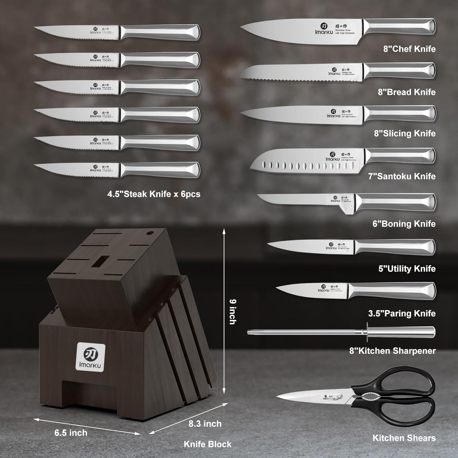 imarku Knife Set, 16Pcs Japanese Knife Set with Block & Built-in Sharpener, High Carbon Stainless Steel Kitchen Knives, Non-Slip Ergonomic Handle, Dishwasher Safe, Home Essentials Perfect for Gifts