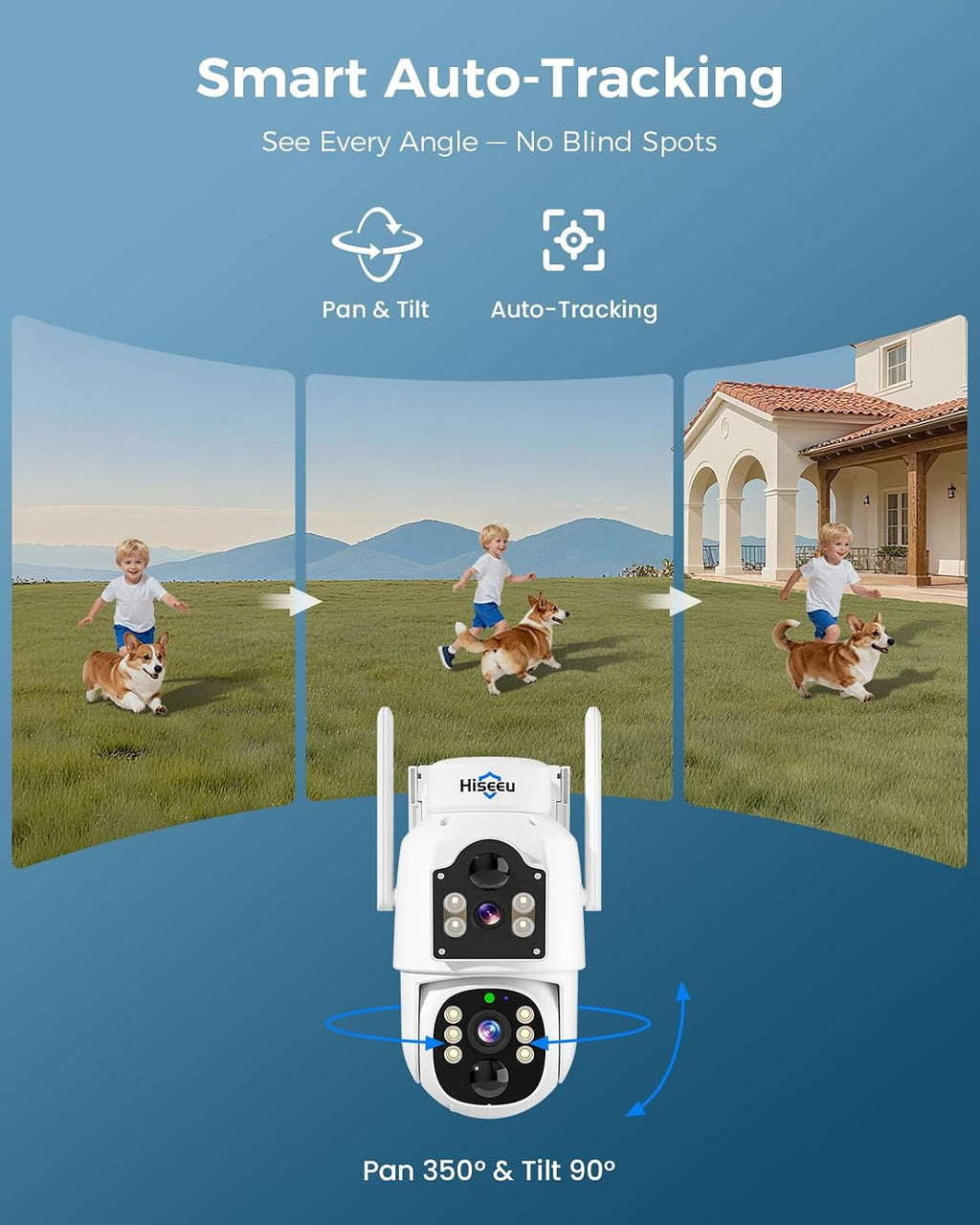 Hiseeu Solar Security Cameras Wireless Outdoor, Auto Tracking Dual-Lens Wireless Cameras for Home Security with 10' Touchscreen, 2.4 & 5GHz WiFi Pro 4 Cam-Kit, 2 Way Audio, 500GB HDD, 0 Monthly Fee