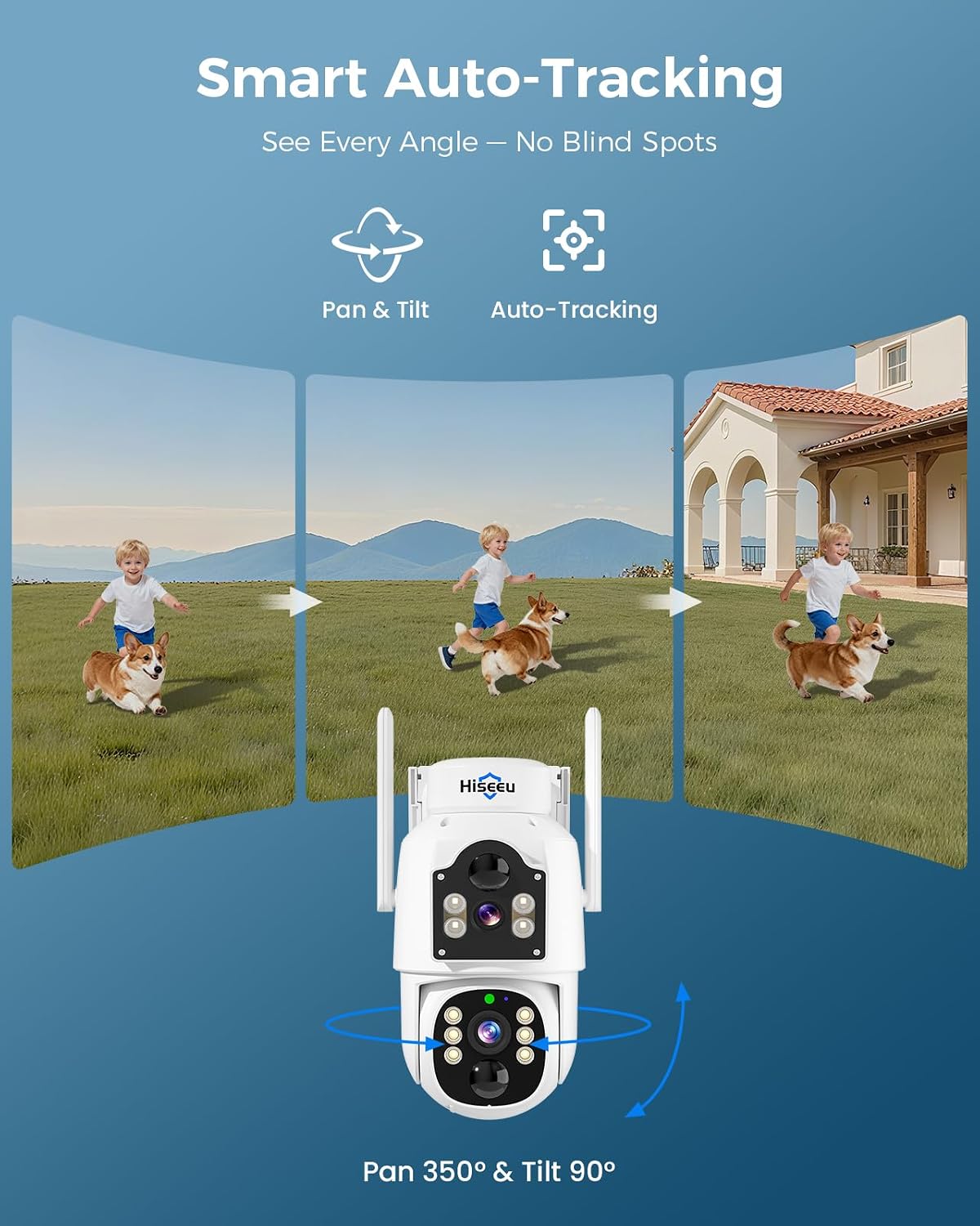 Hiseeu Solar Security Cameras Wireless Outdoor, Auto Tracking Dual-Lens Wireless Cameras for Home Security with 10' Touchscreen, 2.4 & 5GHz WiFi Pro 4 Cam-Kit, 2 Way Audio, 500GB HDD, 0 Monthly Fee