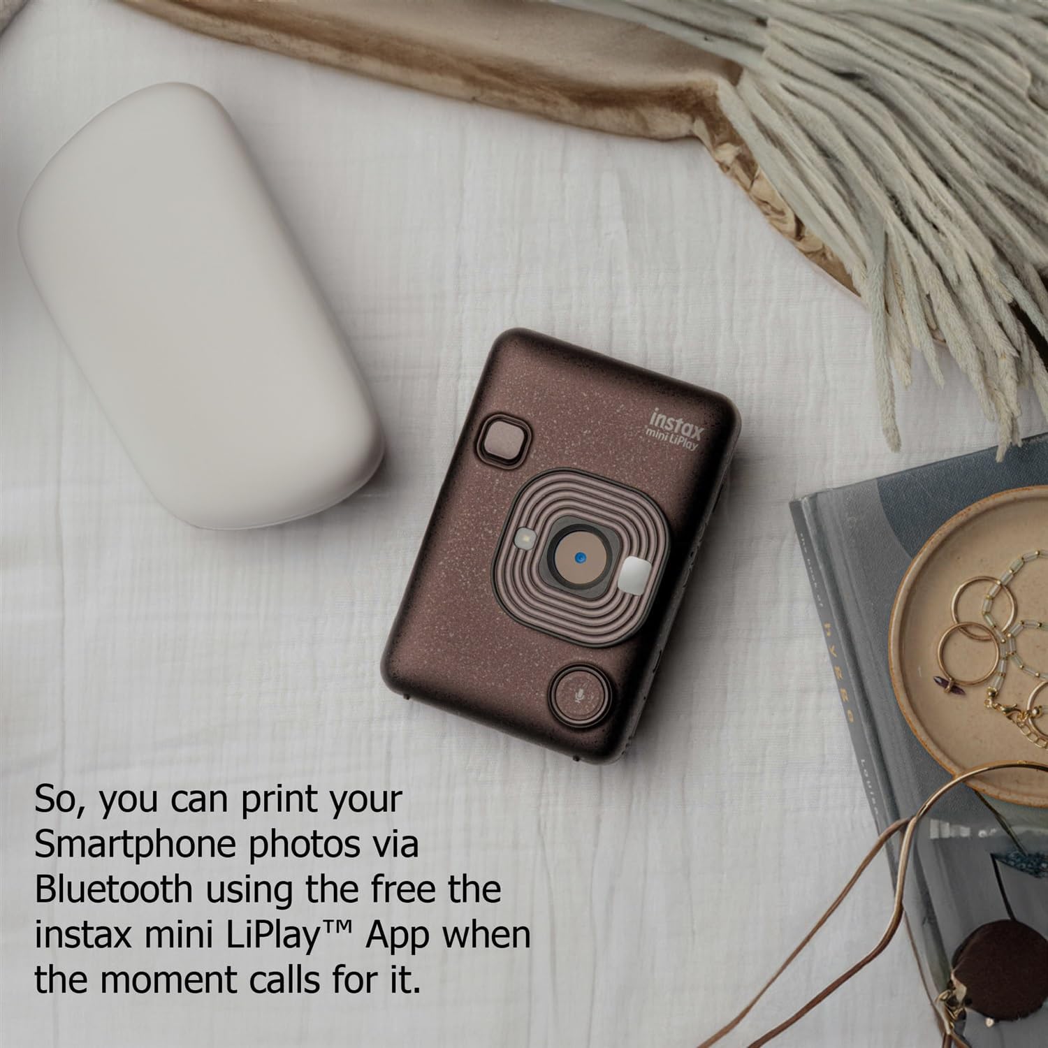 Fujifilm INSTAX Mini LiPlay Hybrid Instant Camera Bundle with 20 Sheets INSTAX Mini Film, 32GB microSD Card, USB Charging Cable, Hand Strap, Cleaning Cloth (Deep Bronze)