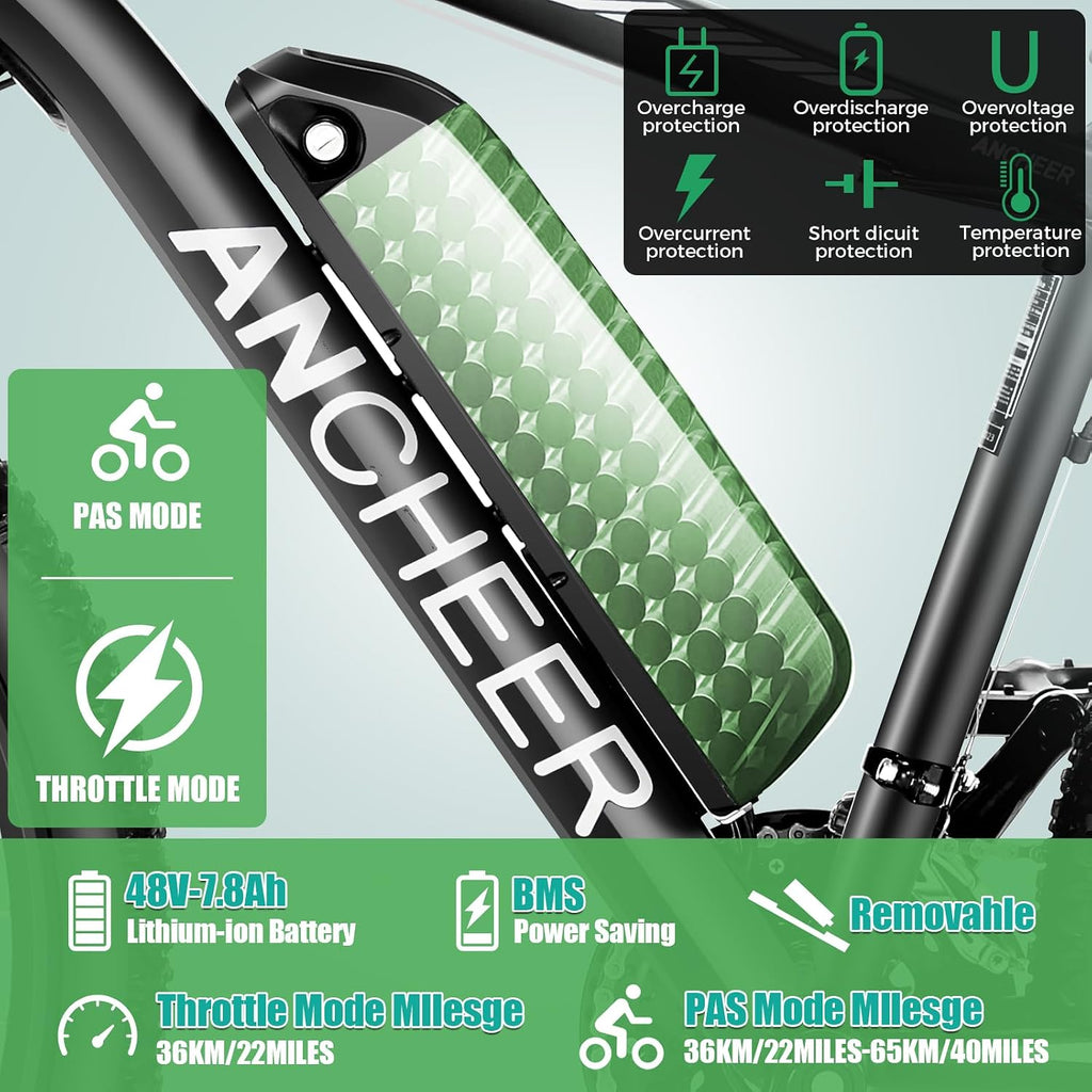 ANCHEER 26' Electric Bike for Adults, [Peak 749W Motor] Electric Mountain Bike, 19.8MPH Commuter Ebike, 50 Miles Adults Electric Bicycle with 48V/374Wh Battery, LCD Display, 21 Speed, Front Suspension