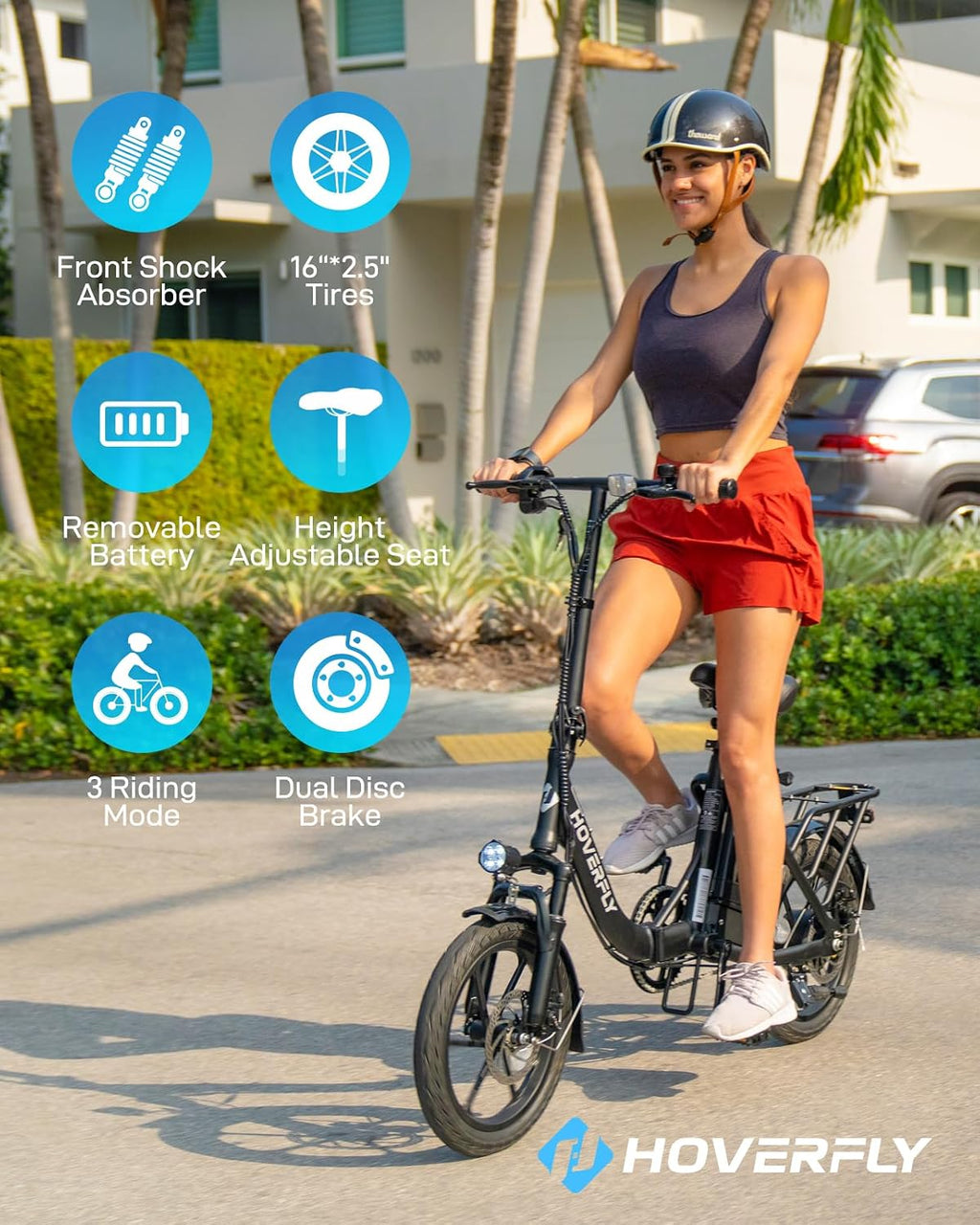 HOVERFLY H3 16' Electric Bike, Max 28Miles Range(Pedal-Assist) Folding E-Bike with Removable Battery, Front Suspension and Commuter Electric Bicycle Adults