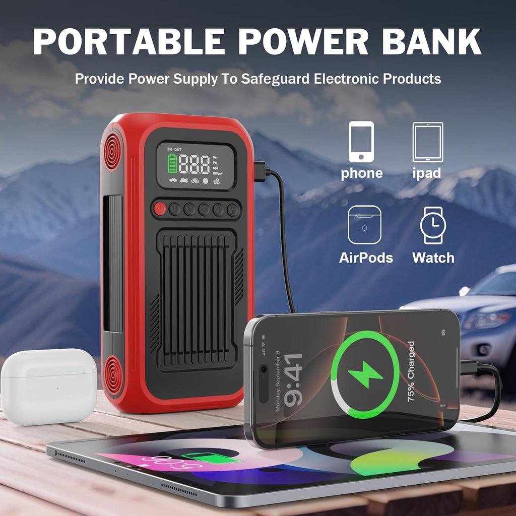 Tire Inflator Portable Air Compressor,12V Car Battery Jump Starter,5X Faster Air Pump For Car Tire with Digital Tire Pressure Gauge&LED Light&Auto Shut-Off,Cordless Pump for Car,Motor,Bicycle