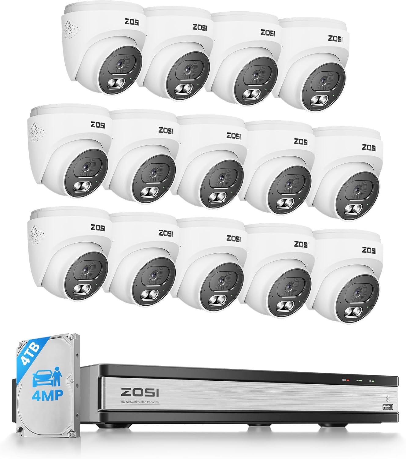 ZOSI C220 16CH 4K PoE Home Security Camera System, 16CH 8MP 4K NVR with 4TB HDD for 24/7 Record, 14 x 4MP(1440p) QHD 2.5K Dome IP Cameras Outdoor Indoor, Smart AI Human Detection, Two-Way Audio
