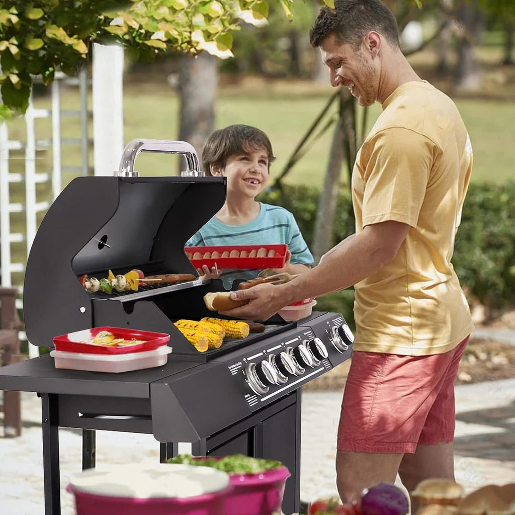 4-Burner Propane Gas BBQ Grill High-Strength Cast Iron with Side Burner, Portable 50,000 BTU Barbecue Grills with 4 Wheels and 449 SQ.IN. Cook Area for Outdoor Cooking and Backyard BBQ (Black)
