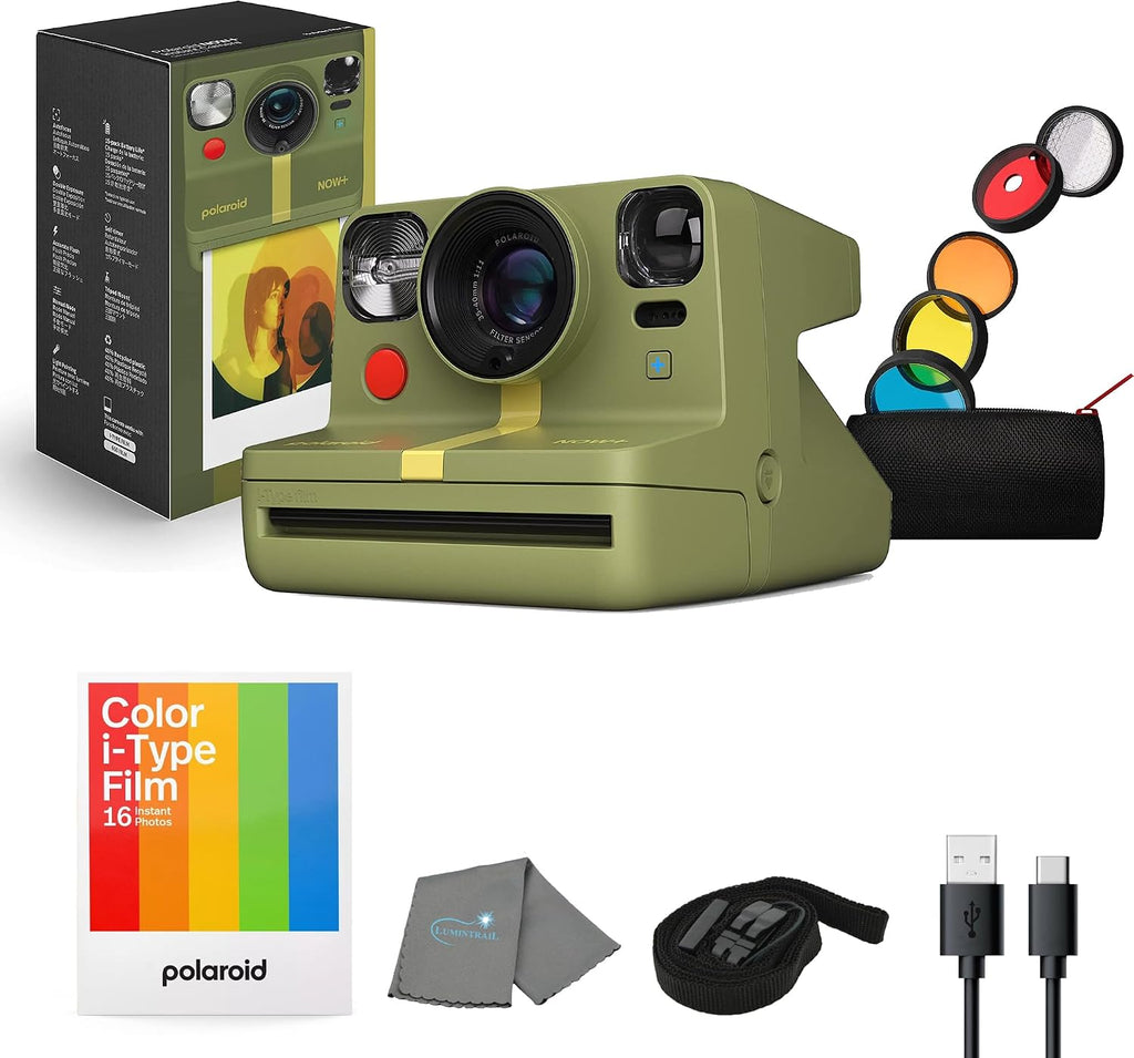 Polaroid Now+ Gen 2 Instant Camera, Forest Green, Bluetooth Now Plus Film Camera with 5 Piece Lens Filter Kit & Pouch, 8 Color Film, Works with Polaroid i-Type and 600 Film, and Lens Cleaning Cloth