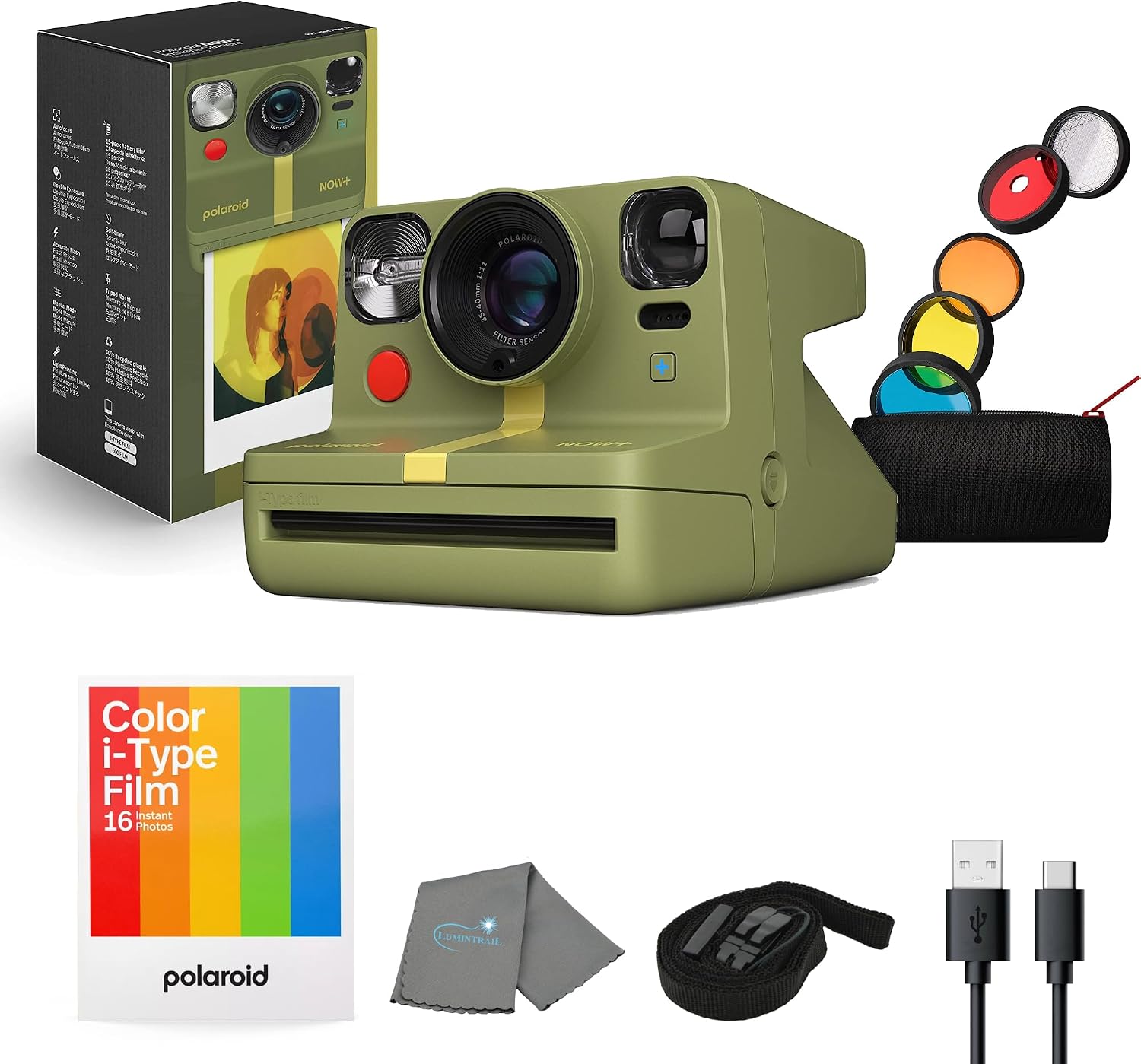 Polaroid Now+ Gen 2 Instant Camera, Forest Green, Bluetooth Now Plus Film Camera with 5 Piece Lens Filter Kit & Pouch, 8 Color Film, Works with Polaroid i-Type and 600 Film, and Lens Cleaning Cloth