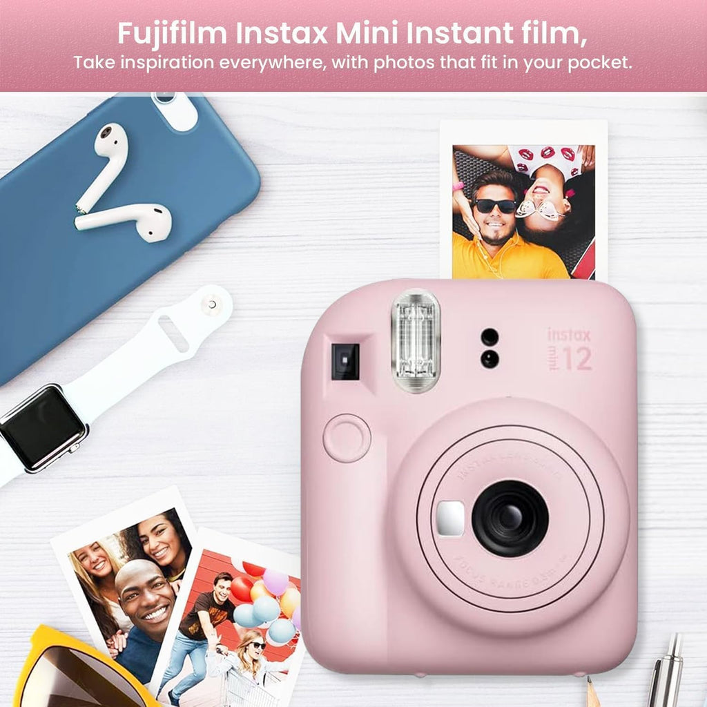 Fujifilm Instant Mini 12 Camera + Accessory Bundle & Compatible Custom Case + Fuji Instant (20 Shots) Designer Mini Photo Album (60 Pockets) (Blossom Pink)