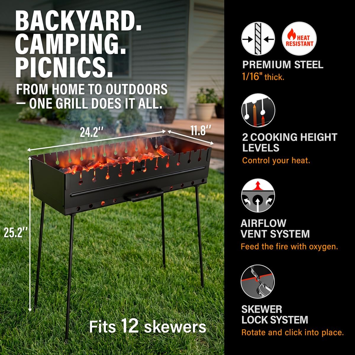 Charcoal Grill for 12 Skewers - Portable Barbecue Camp Grills Mangal Schaschlik - Foldable Metal Mangal - Kebab Shish BBQ for EDC Picnic Outdoor Cooking Camping Hiking (Skewers Not Included)