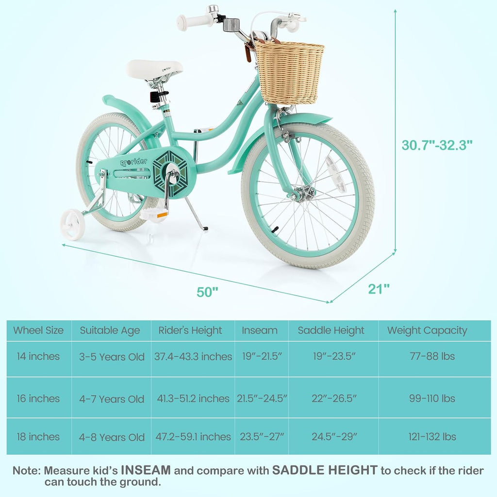 BABY JOY Kids Bike, 14 16 18 Inch Retro Kids Bicycles for 3-8 Years Old Children with Training Wheels, Adjustable Height, Rattan Basket, Handbrake & Coaster Brake, Boys Girls Bike (Pink, Green, Blue)