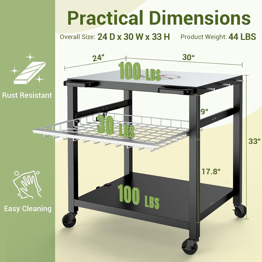 NUUK Grill Cart 30'x24' Pizza Oven Table for Outdoor 3-Shelf with Stainless Steel Top and Sliding Drawer BBQ Grilling Carts Outside Serving Prep Tables Indoor Stand