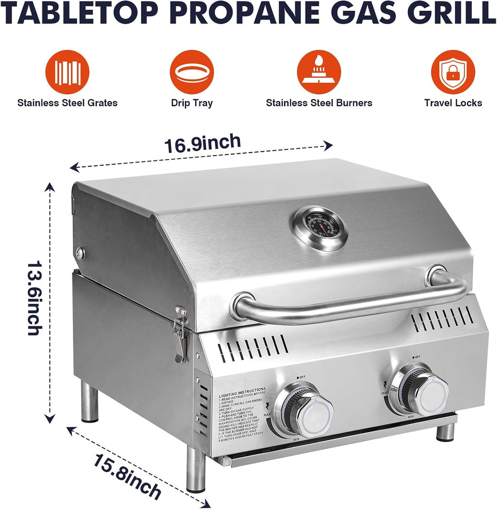 Llamaviva Tabletop Propane Gas Grill, 2 Burner 20,000 BTU Stainless Steel Portable BBQ Grill, Compact Outdoor Grill for Camping, RV, Patio, Tailgating, Picnic, Backyard Cooking