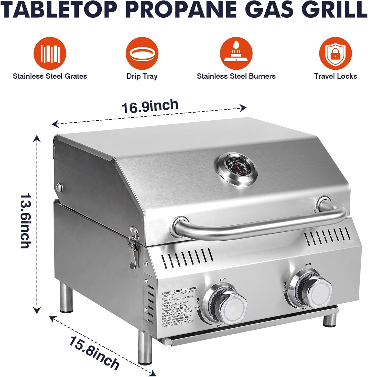Llamaviva Tabletop Propane Gas Grill, 2 Burner 20,000 BTU Stainless Steel Portable BBQ Grill, Compact Outdoor Grill for Camping, RV, Patio, Tailgating, Picnic, Backyard Cooking
