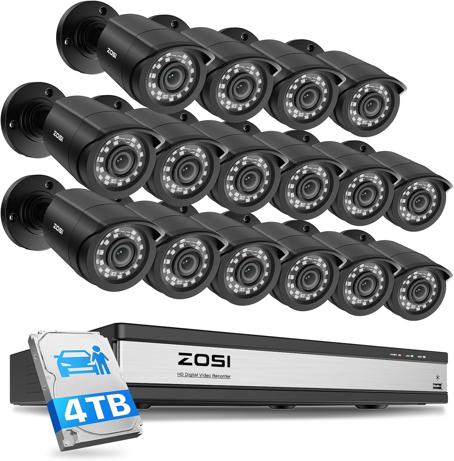 ZOSI 16 Channel Security Camera System with 4TB Hard Drive, 16 x 1080P Indoor Outdoor Wired Cameras, AI Person Vehicle Detection, Night Vision, 16CH DVR for Business 24/7 Recording, No Monthly Fee