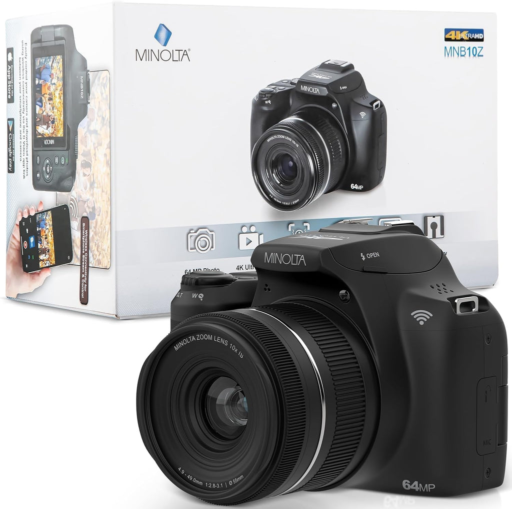 Minolta 64MP Digital Camera – 10x Optical Zoom, 4K Ultra HD Video, Macro Shooting, Anti-Shake, 3-inch LCD Screen, Face Detection – Includes 32GB SD Card, Battery & Case (Black)