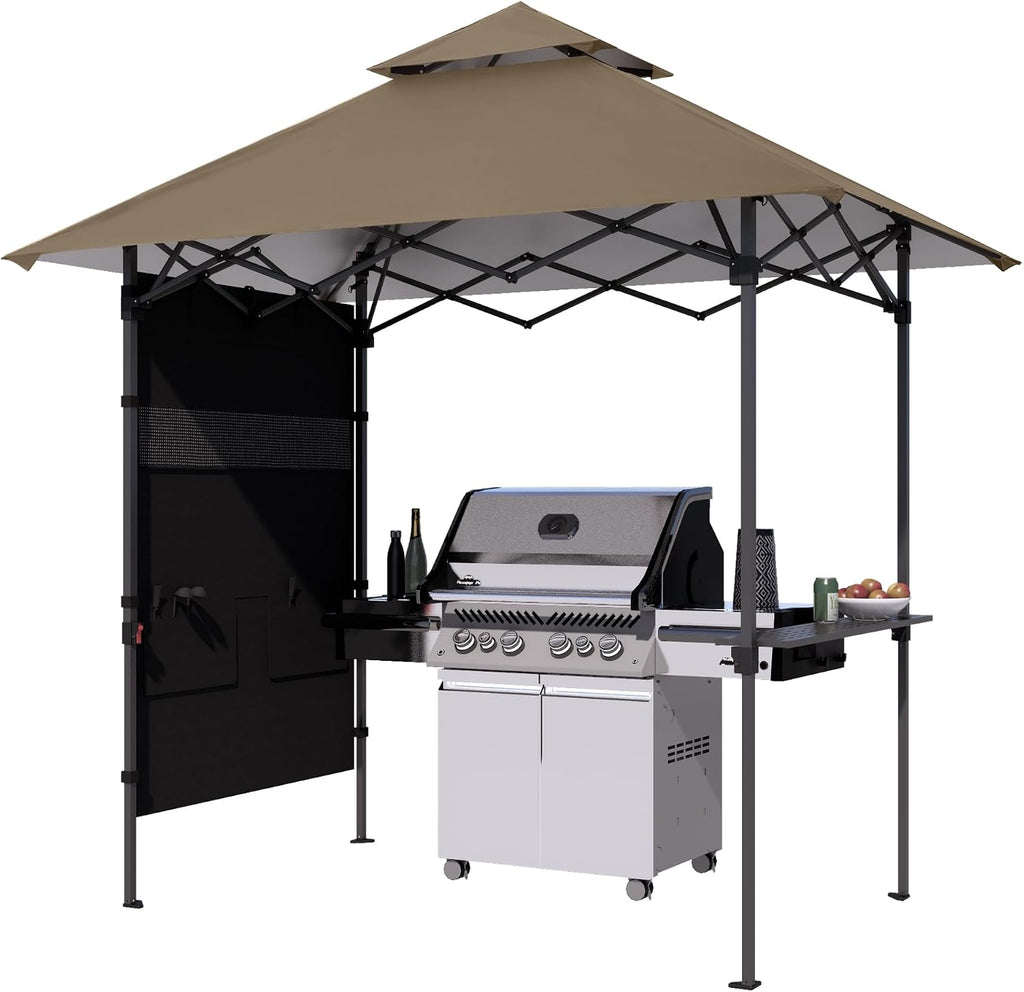 ABCCANOPY 8x5 Pop Up Grill Gazebo - Outdoor BBQ Canopy with Shelf & Sidewall, Portable Barbeque Shelter with 2 Magnetic LED Lights, Carry Bag for Patio Garden Events Picnic Grilling, Khaki