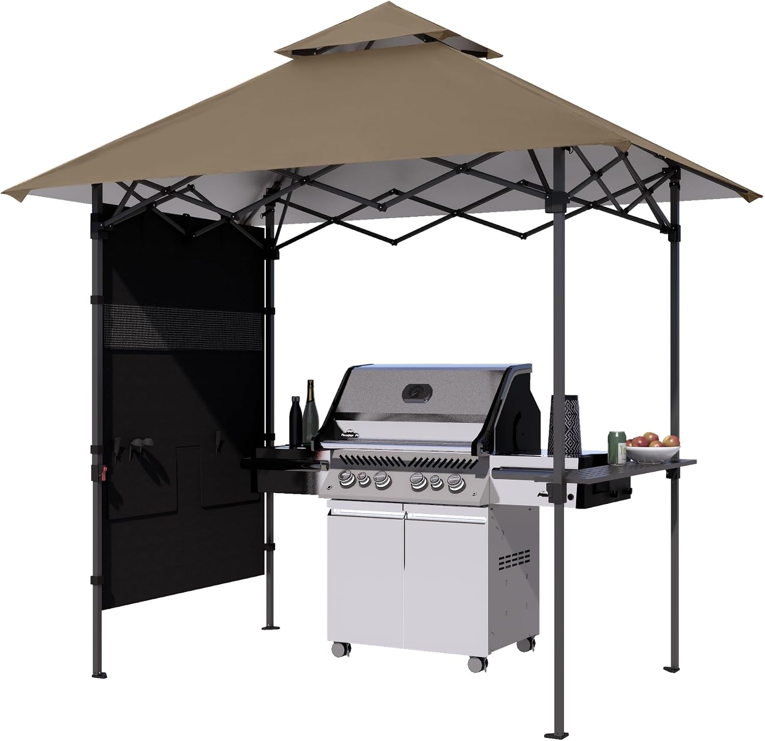 ABCCANOPY 8x5 Pop Up Grill Gazebo - Outdoor BBQ Canopy with Shelf & Sidewall, Portable Barbeque Shelter with 2 Magnetic LED Lights, Carry Bag for Patio Garden Events Picnic Grilling, Khaki