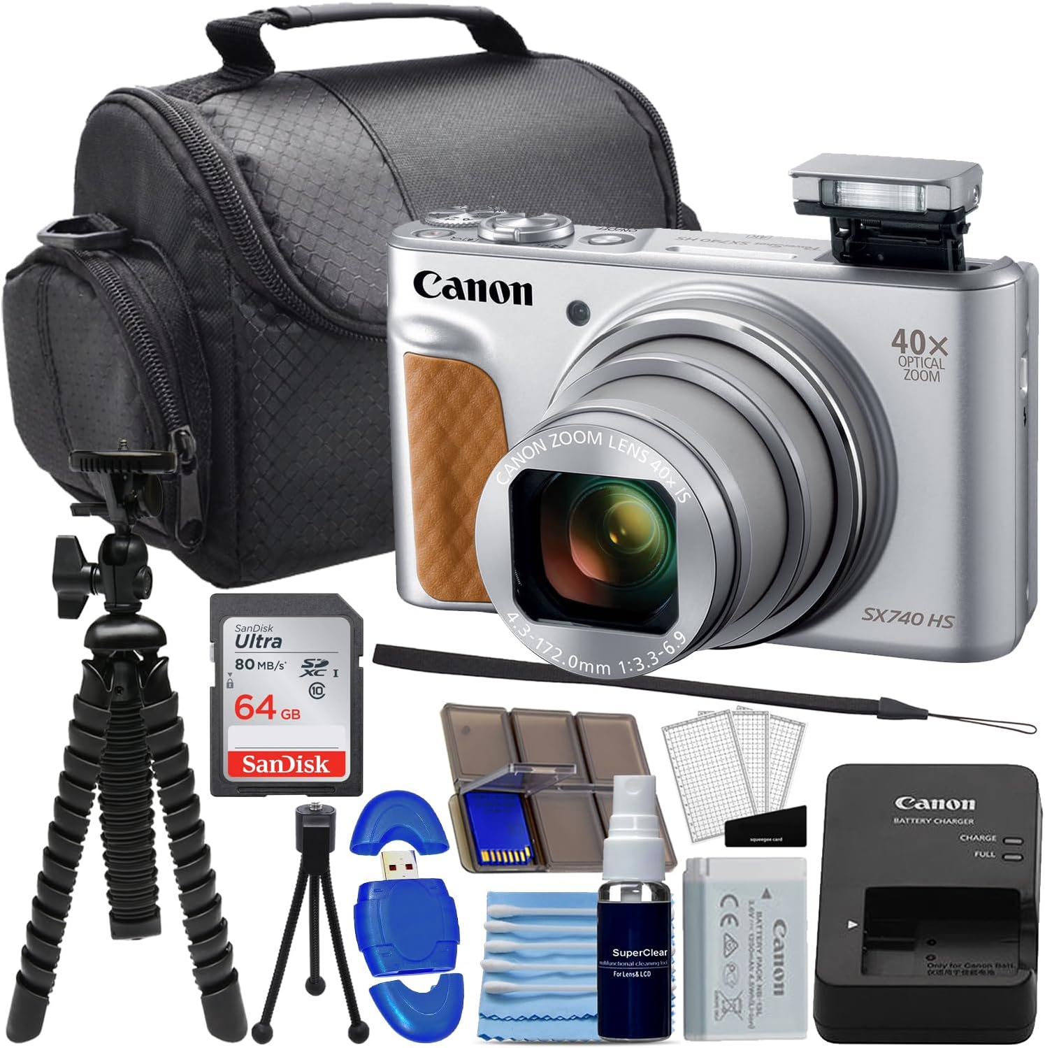 Canon PowerShot SX740 HS Digital Camera (Silver) Bundle with SanDisk 64GB Memory Card, 12'' Flex Tripod, High Speed Card Reader + Photo Kit (20 Items), Black (Renewed)