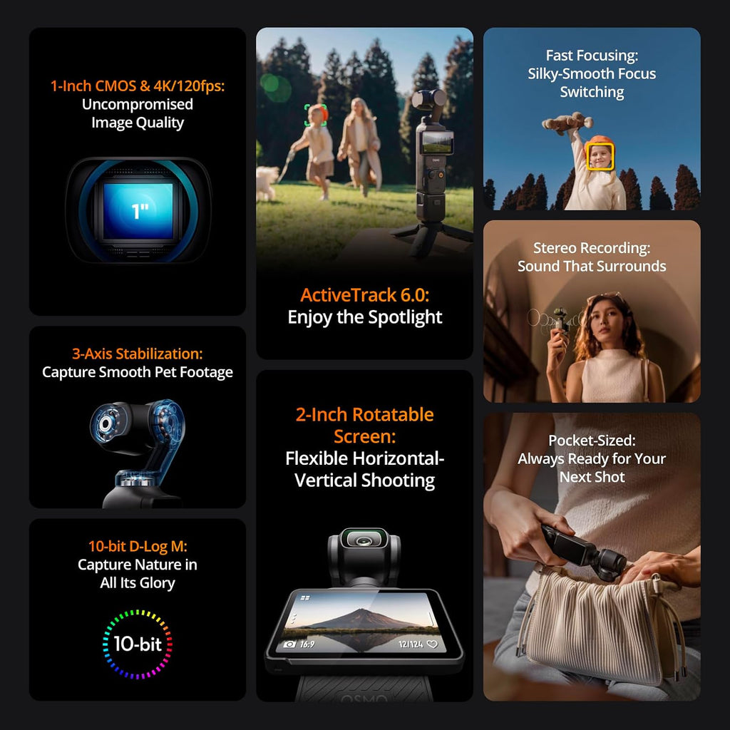 DJI Osmo Pocket 3 Creator Combo, 1'' CMOS, 4K Resolution/120fps Vlog Camera, 3-Axis Stabilization, Face/Object Tracking, Mic Included for Clear Sound, Digital Camera for YouTube
