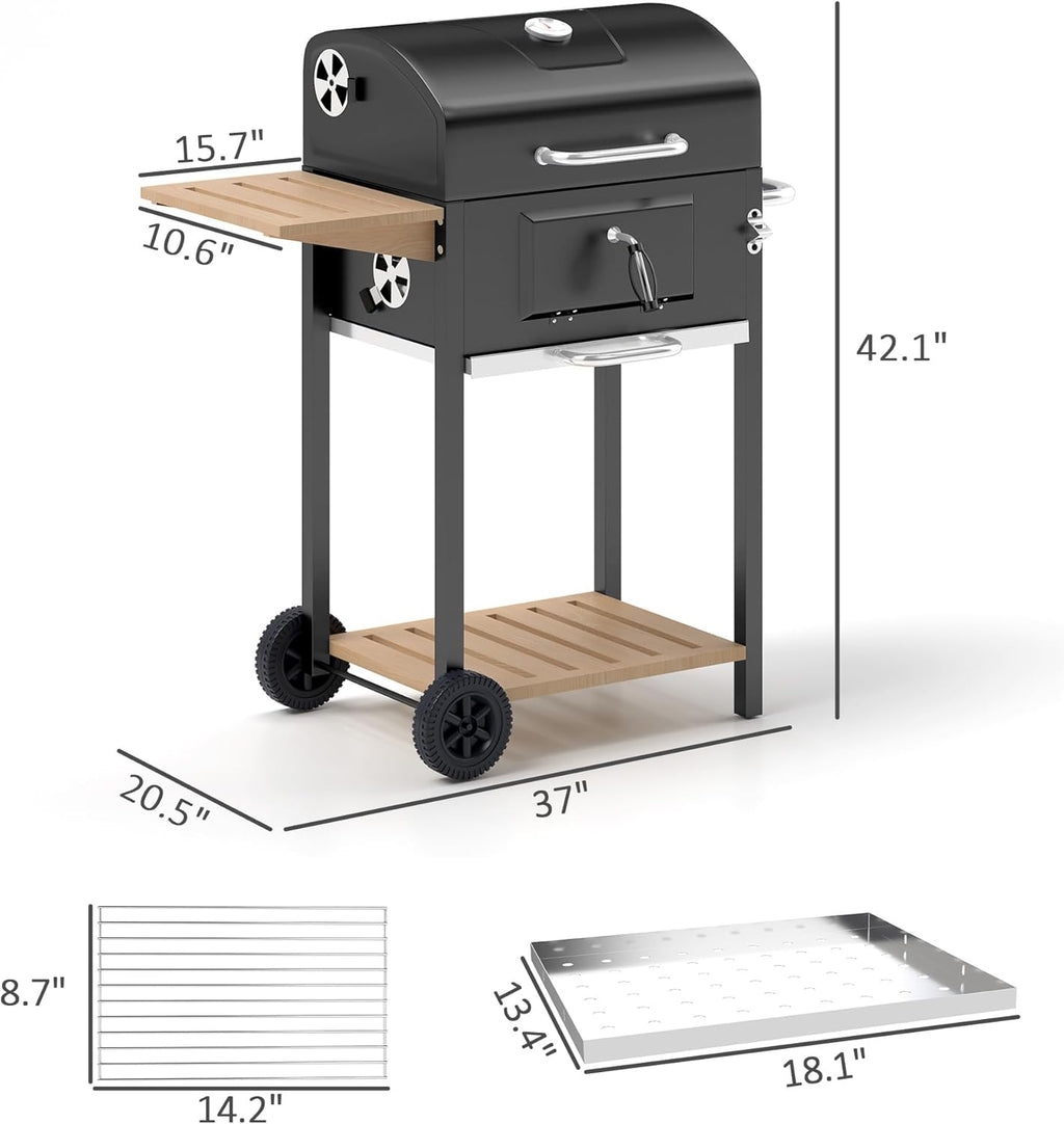 Outsunny Charcoal BBQ Grill, Outdoor Portable Cooker for Camping or Backyard Picnic, Barbecue Grill with Side Table, Bottom Storage Shelf, Wheels and Handle, Black