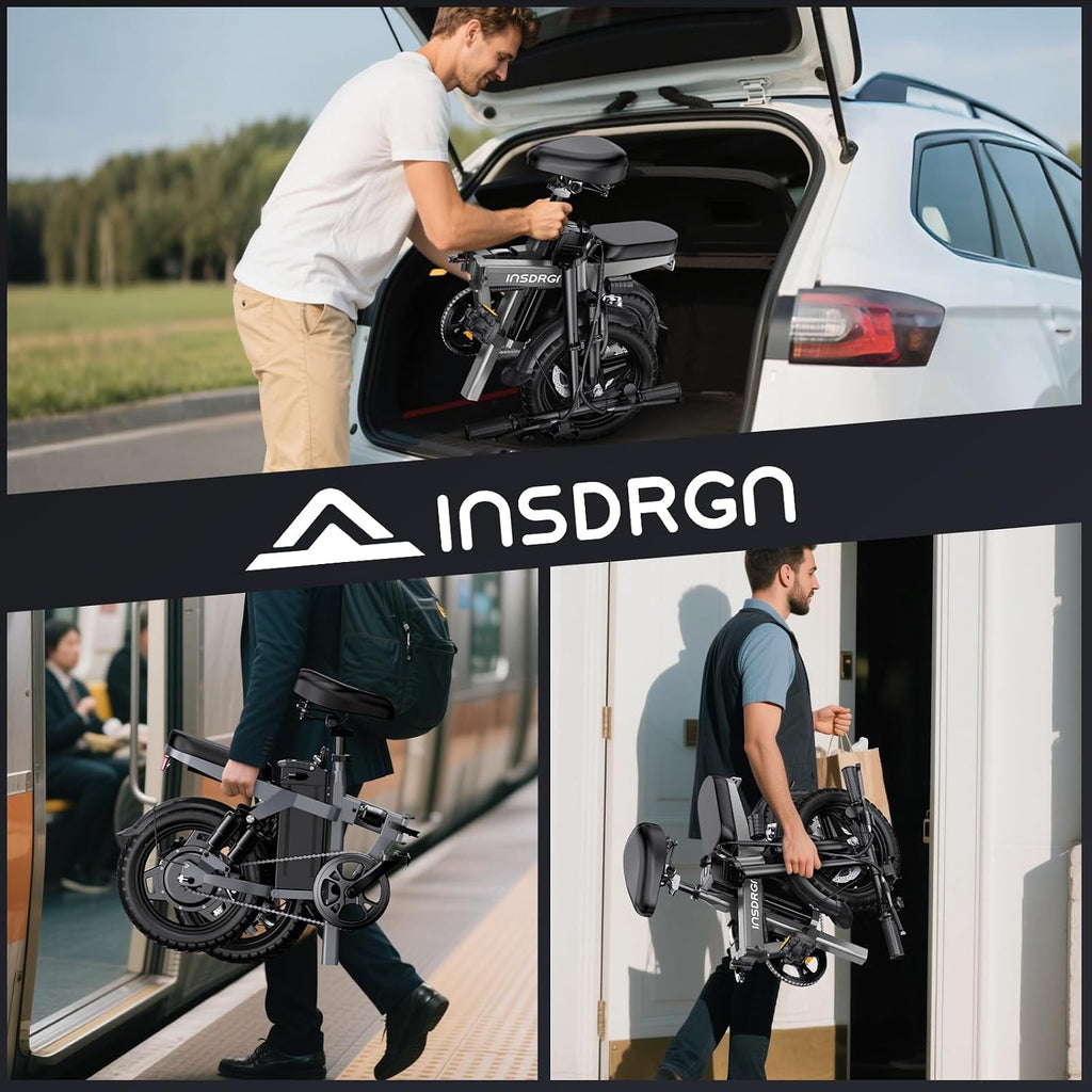 INSDRGN Folding Electric Bike for Adults Teens, Peak 1500W, 62 Miles PAS Range, 48V 16AH Removable Li Battery Ebike, 9 Shocks Full Suspension, 20 MPH Electric Bicycle, UL2849 Certified