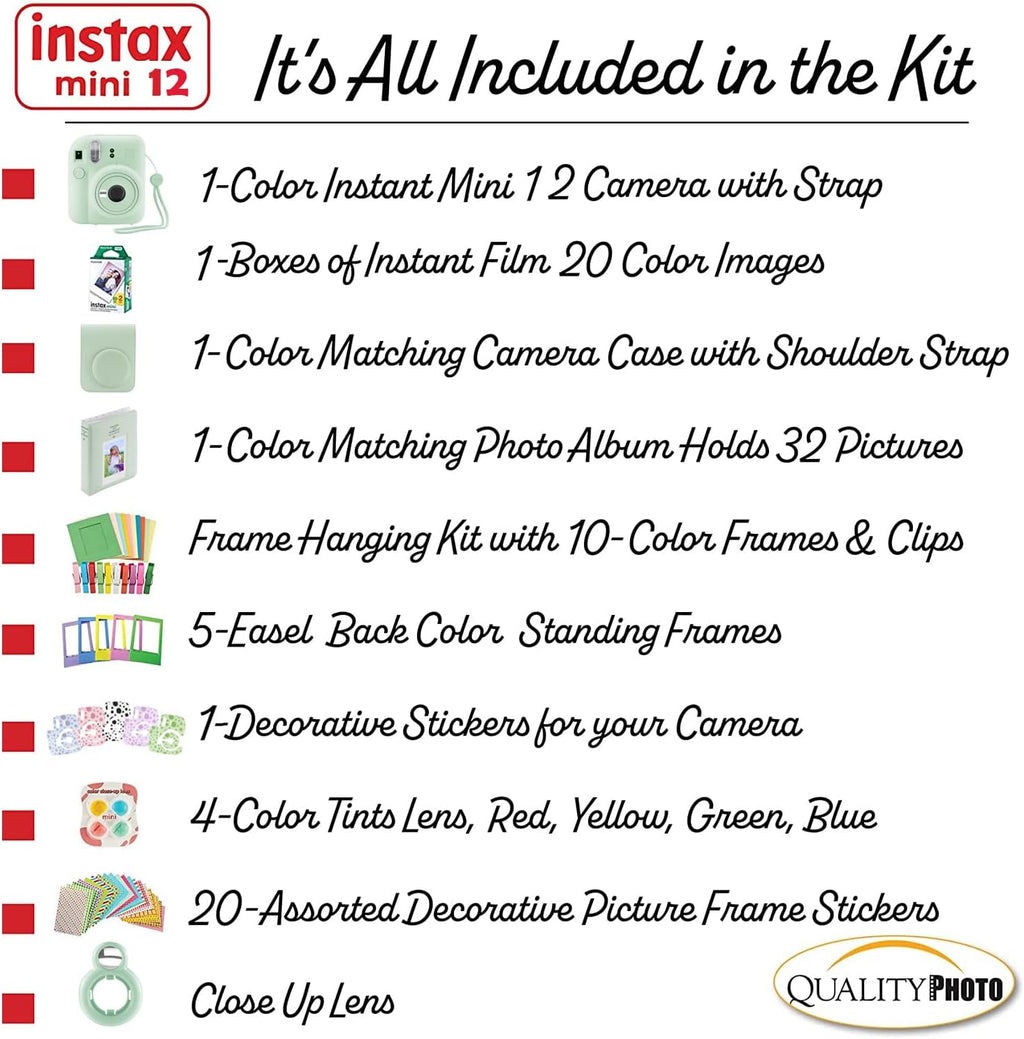 Fujifilm Instax Mini 12 Instant Camera with Case, 20 Fujifilm Prints, Decoration Stickers, Frames, Photo Album and More Accessories (Mint Green)