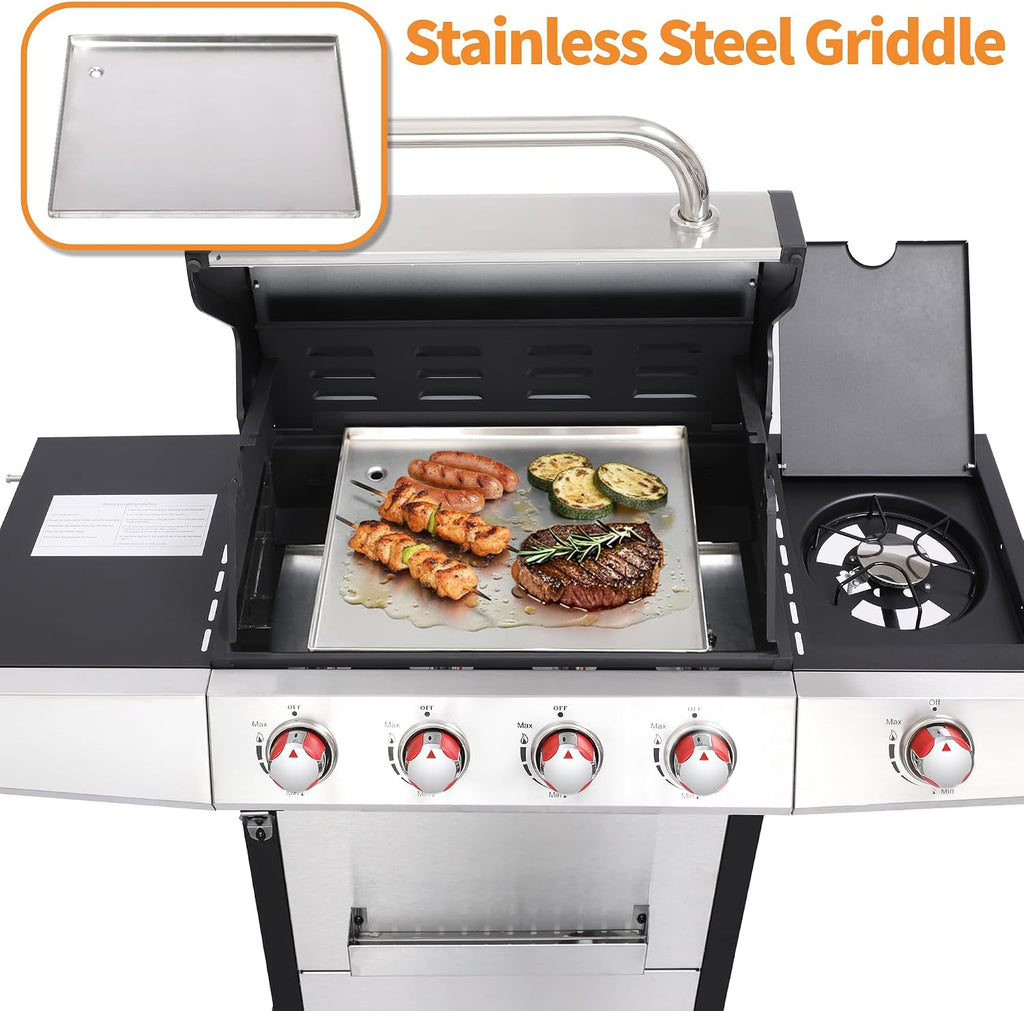 Cookit 4-Burner Gas Grill with Side Burner, 49,000 BTU Output - Double-layer Stainless Steel Grill Lid, Cast Iron Grates, Griddle & Charcoal Pan, Easy-Clean Grease Management for Perfect BBQs