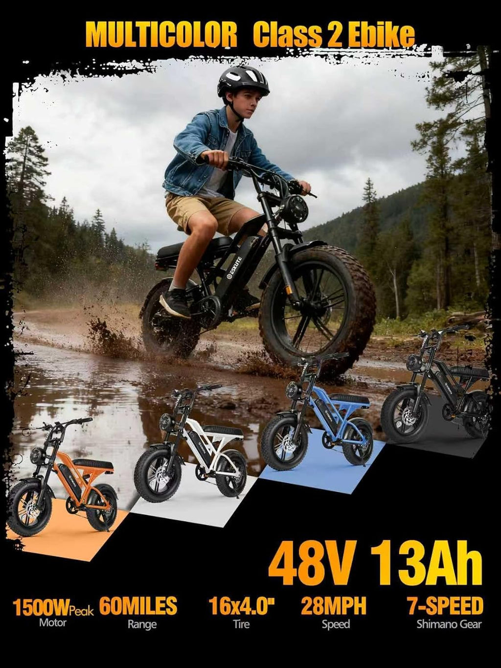 ESKUTE V100 Electric Bike for Adults, Electric Dirt Bike 1500W Peak Motor, All Terrain Dual Suspension E Bike 28MPH Top Speed, Ebike Up to 60 Miles Range, 16' Fat Tire, 48V13Ah Battery, 7-Speed